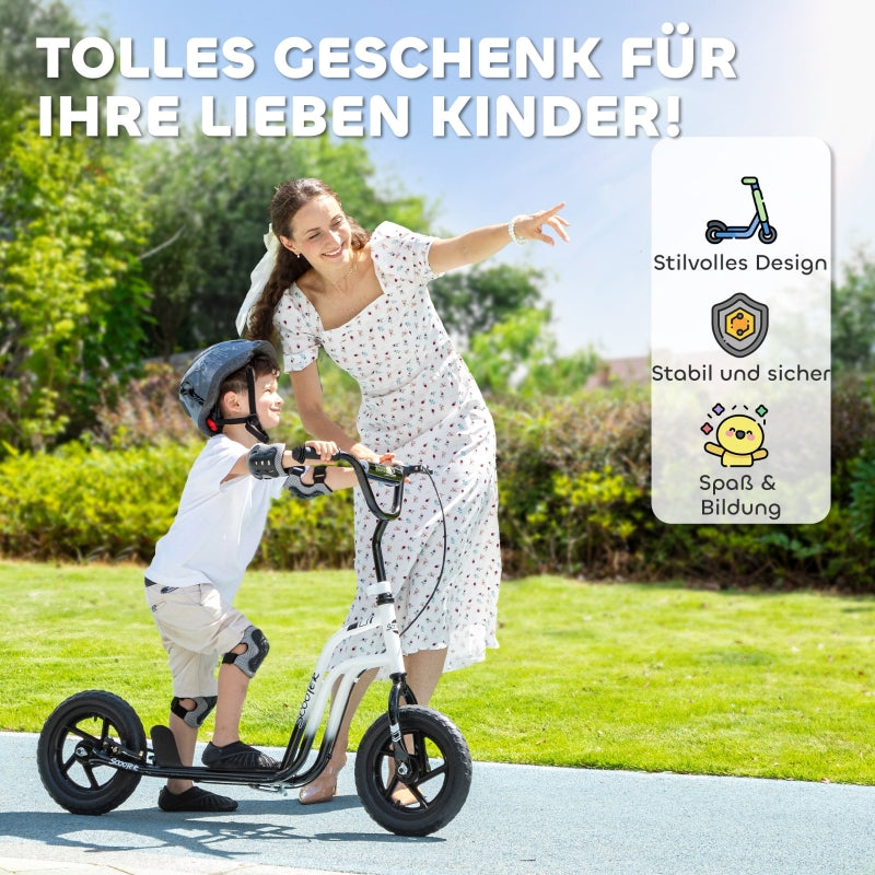 Children's Scooter with Large Wheels, Kickstand and Handbrake, White