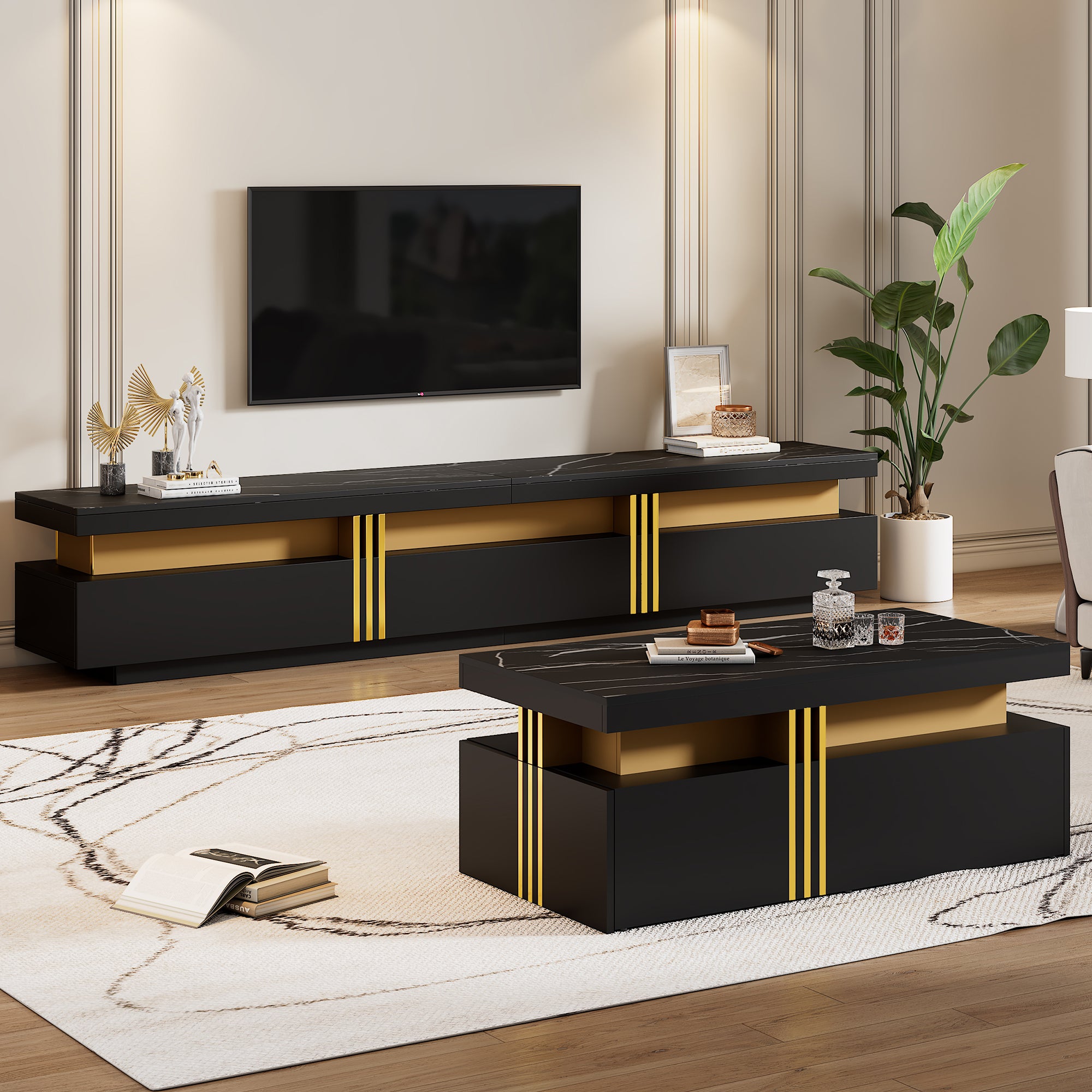TV Wall Combination, Multifunctional Cabinet with Coffee Table, Black