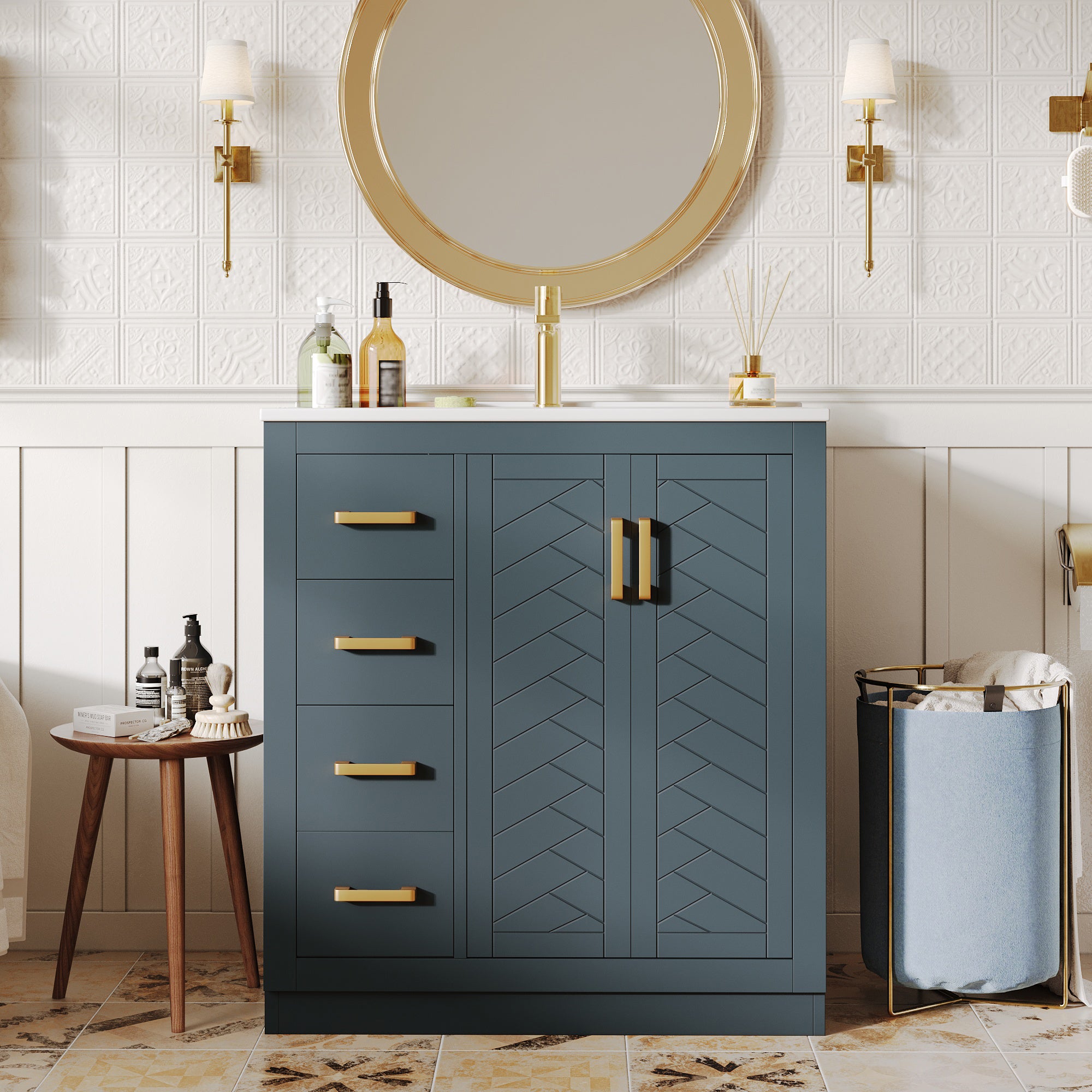 Bathroom Vanity Unit with Ceramic Sink and Storage Drawers, Blue
