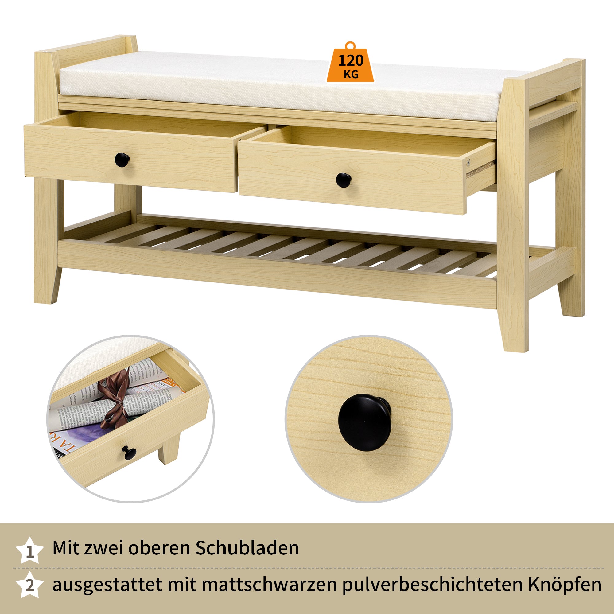 Modern Shoe Bench with Seat & Storage, Cushion, Natural
