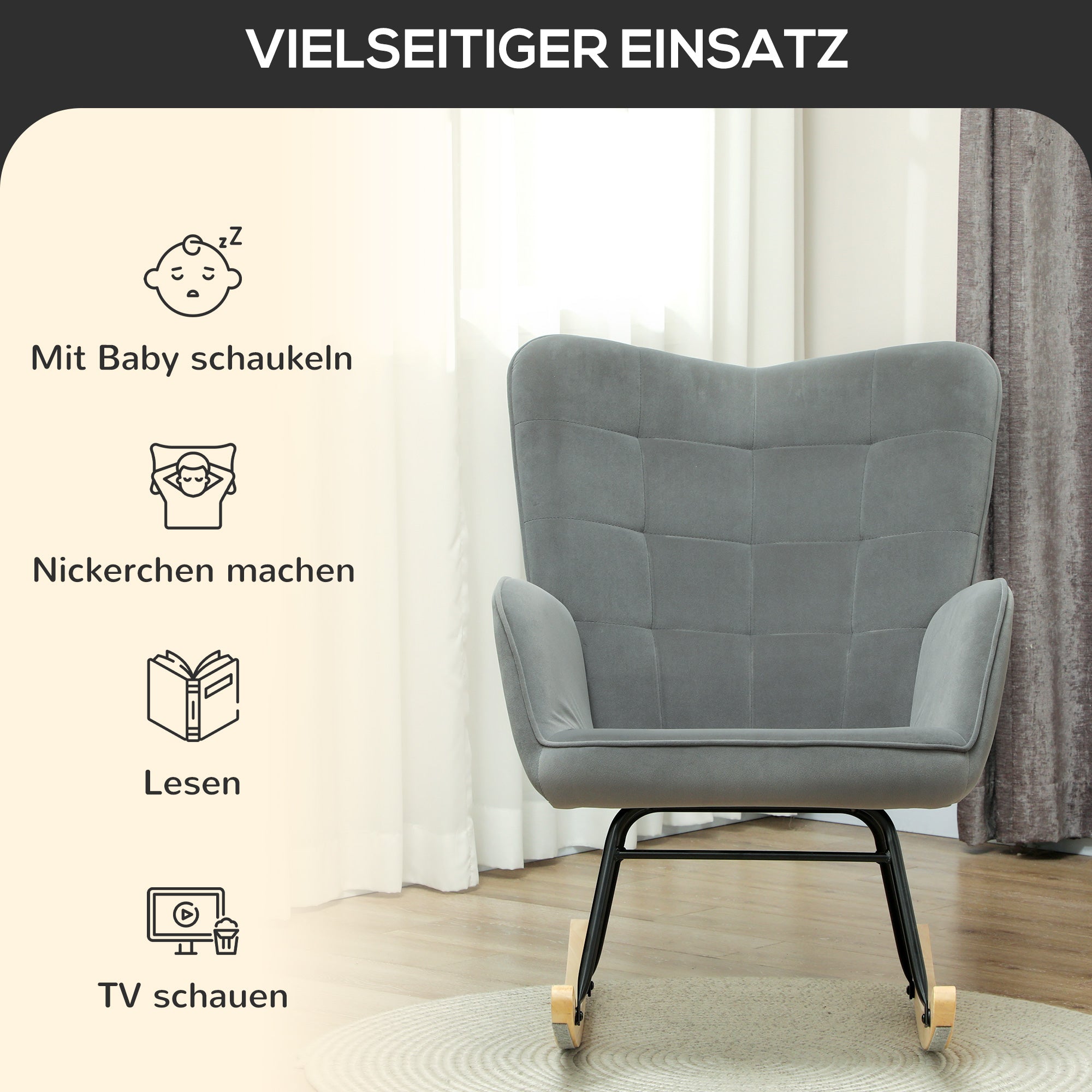 Rocking Chair Armchair with Wooden Runners, Velvet Look, Dark Grey