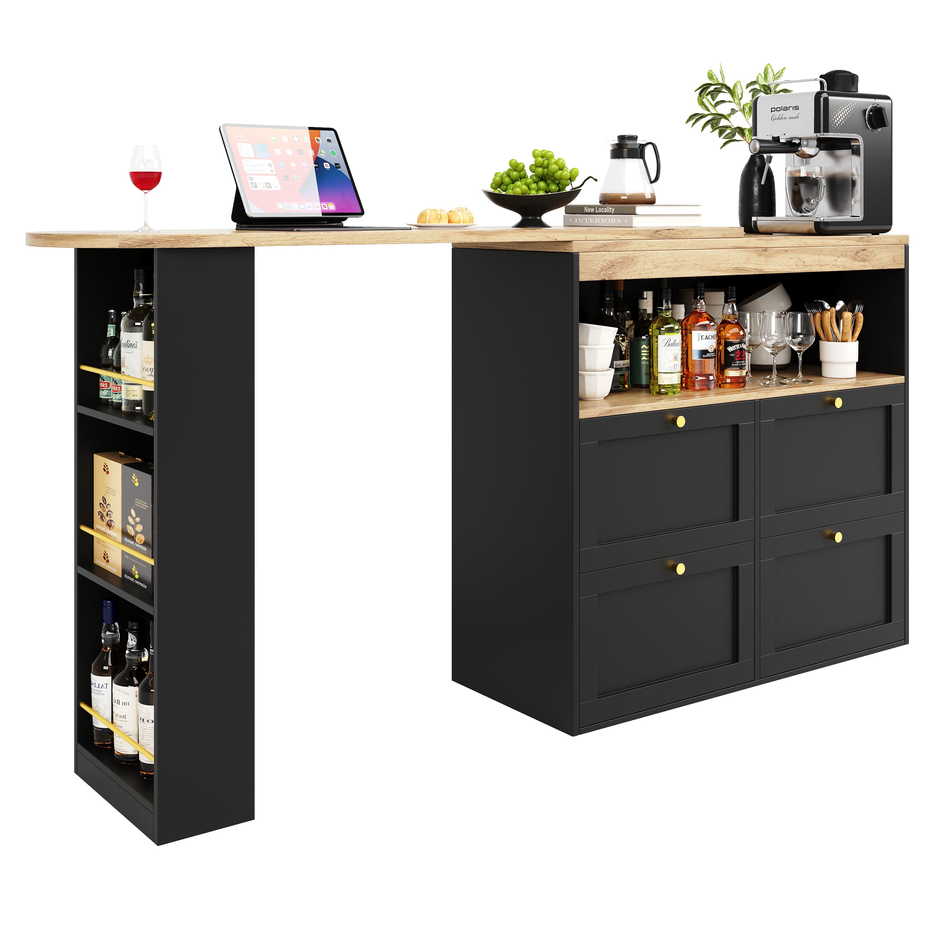 360° Rotating Bar Table with 4 Drawers and Open Shelves Storage