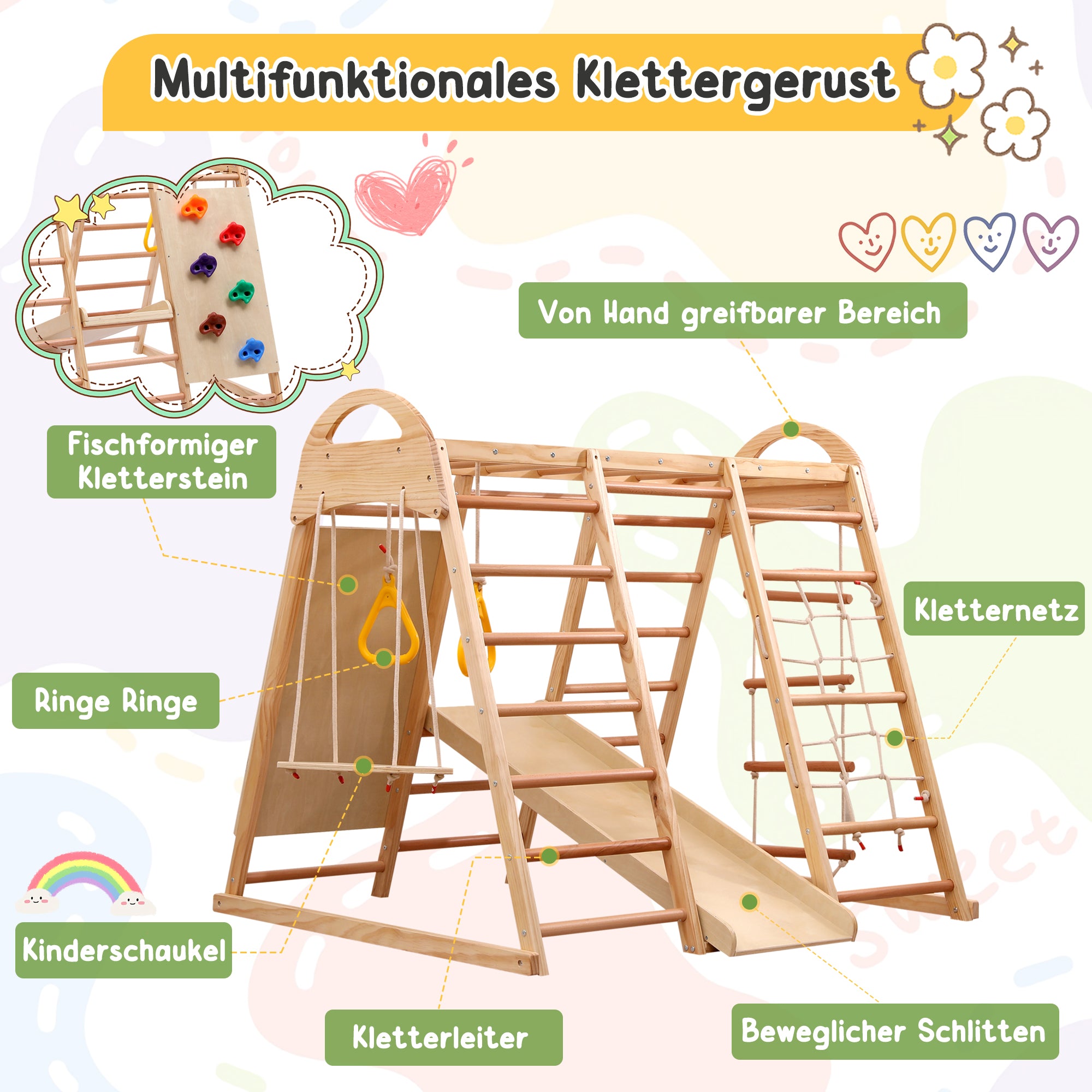 7-in-1 multifunctional climbing frame, solid wood plywood and beechwood