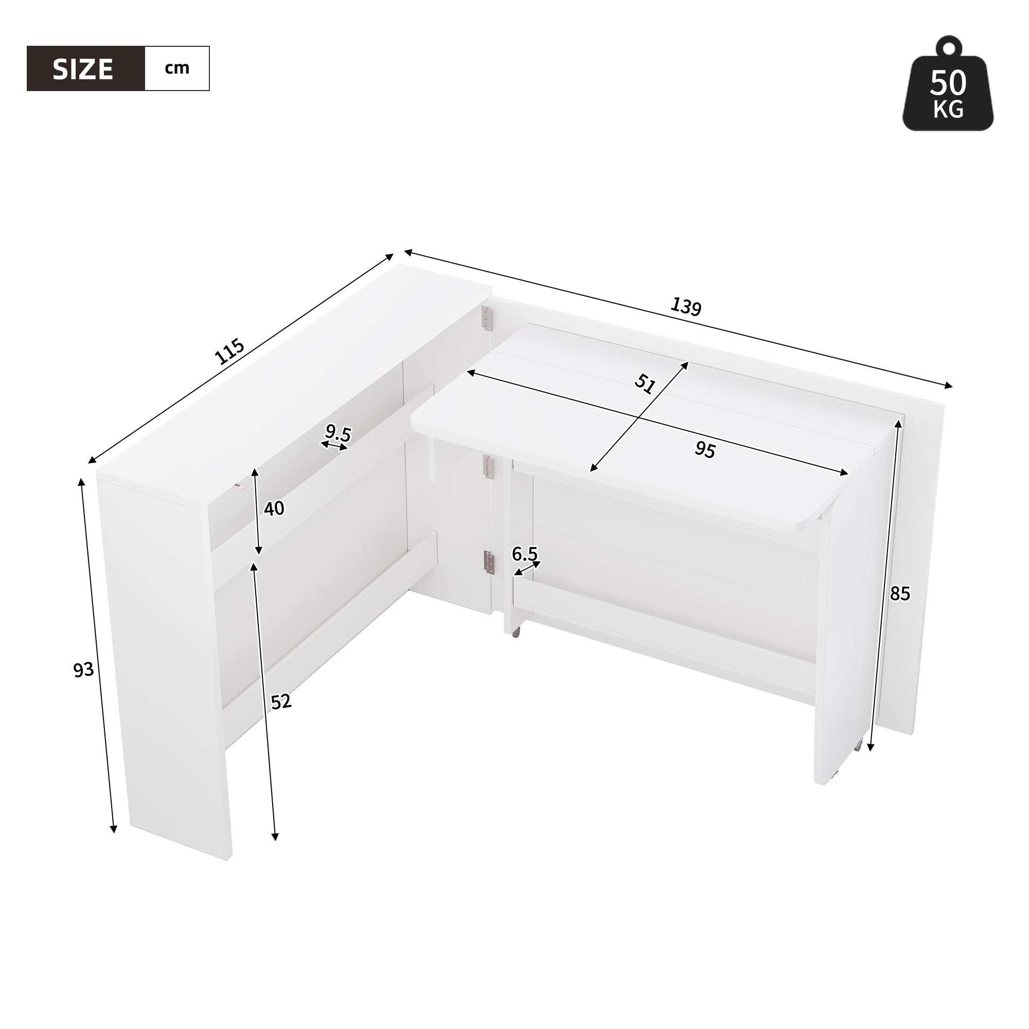 Foldable Desk, 2-in-1 Sideboard & Workstation with Wireless Charger & Wheels, White High Gloss