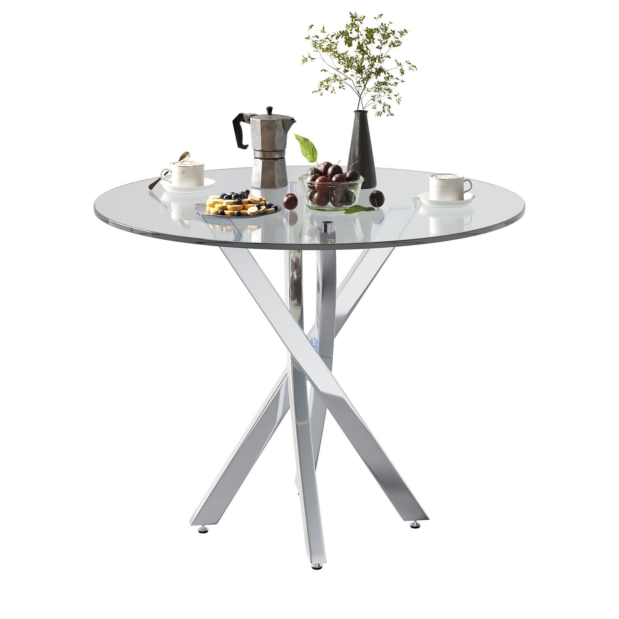 Round Dining Table, Tempered Glass Top, Galvanized Legs, Silver