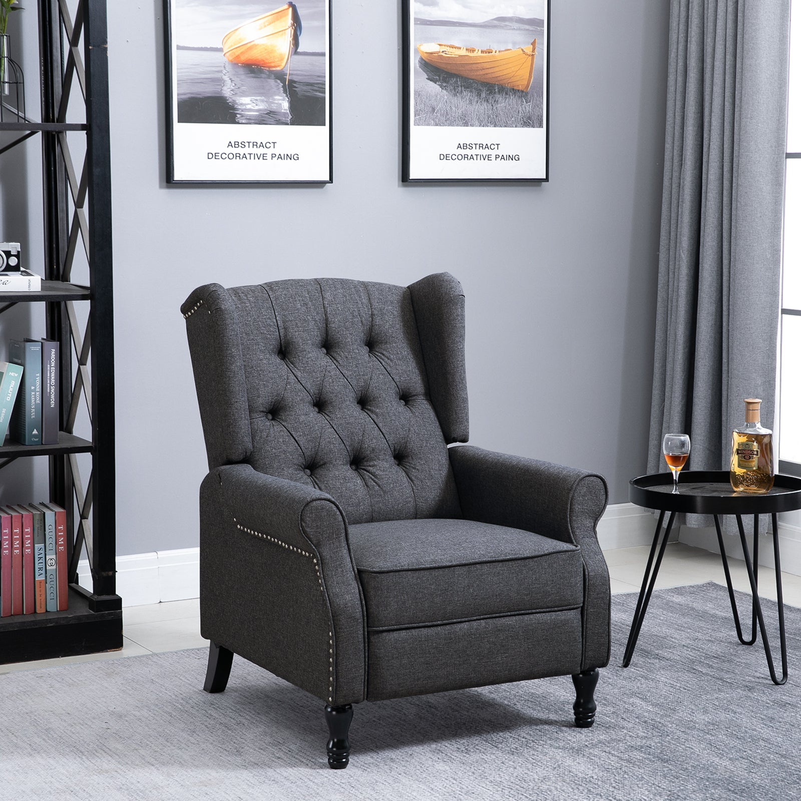 Recliner Armchair, Vintage Wingback with Footrest, Dark Grey