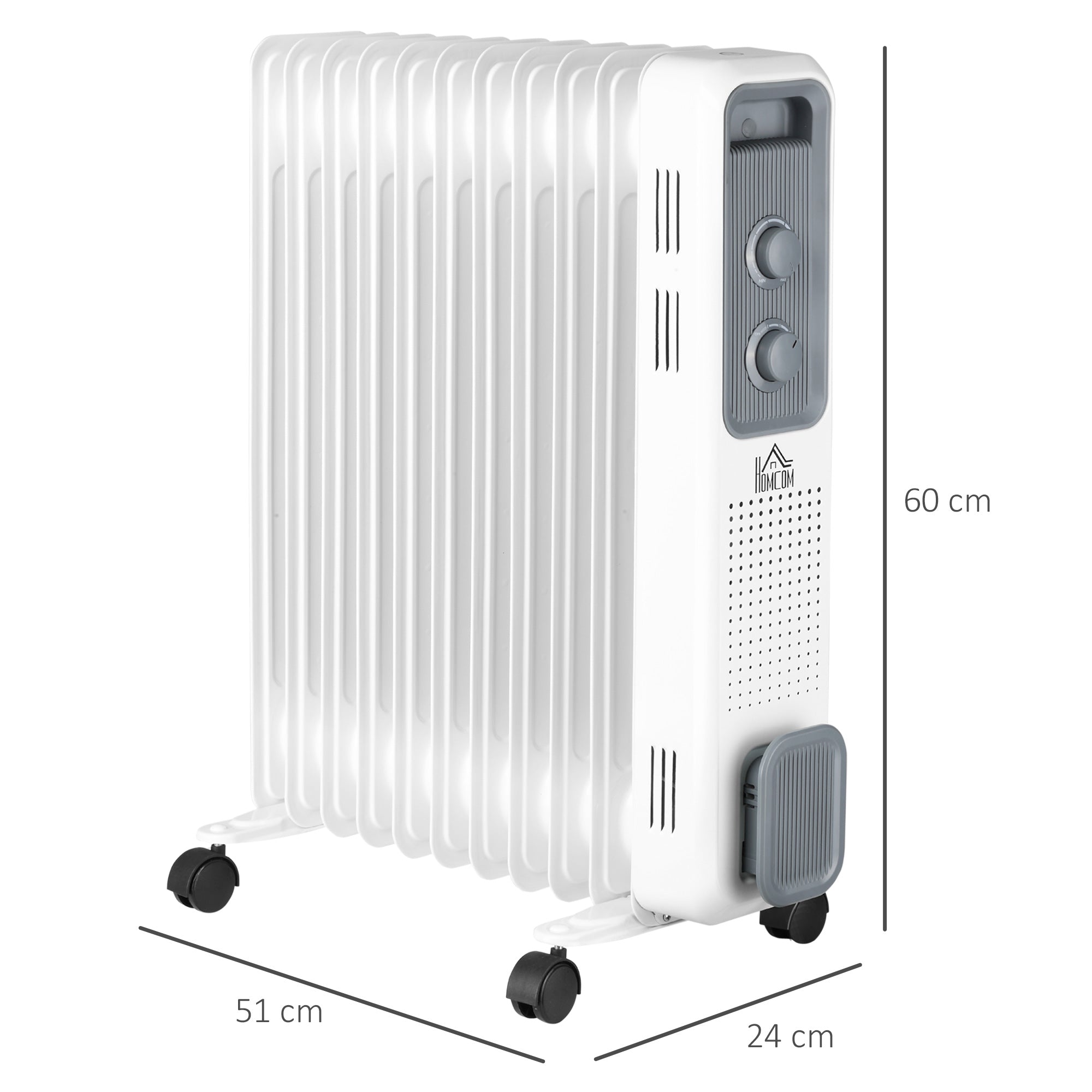 Oil Filled Radiator, 2500W 11 Fin Portable with 3 Heat Settings Safety Cut-Off and Wheels, White