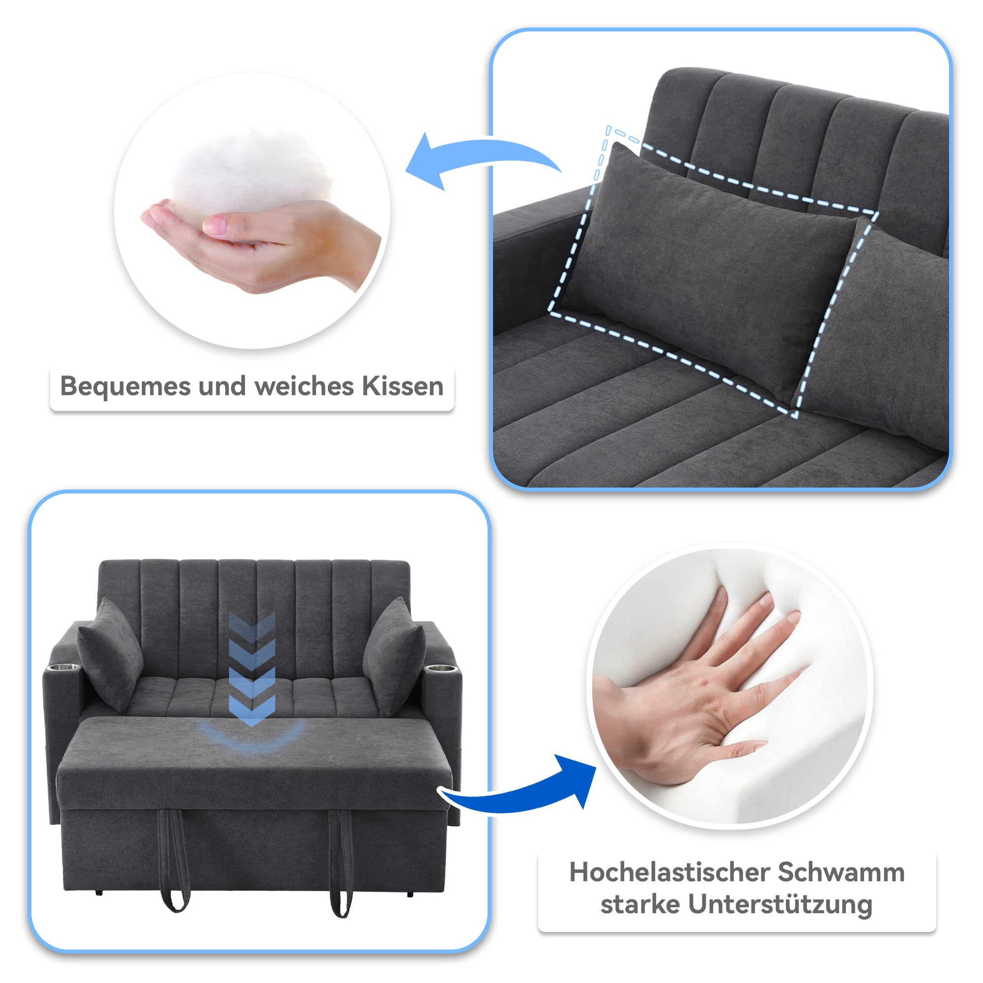 Modern Sofa Bed Multifunctional Adjustable Backrest with Drink Holder & Cushions