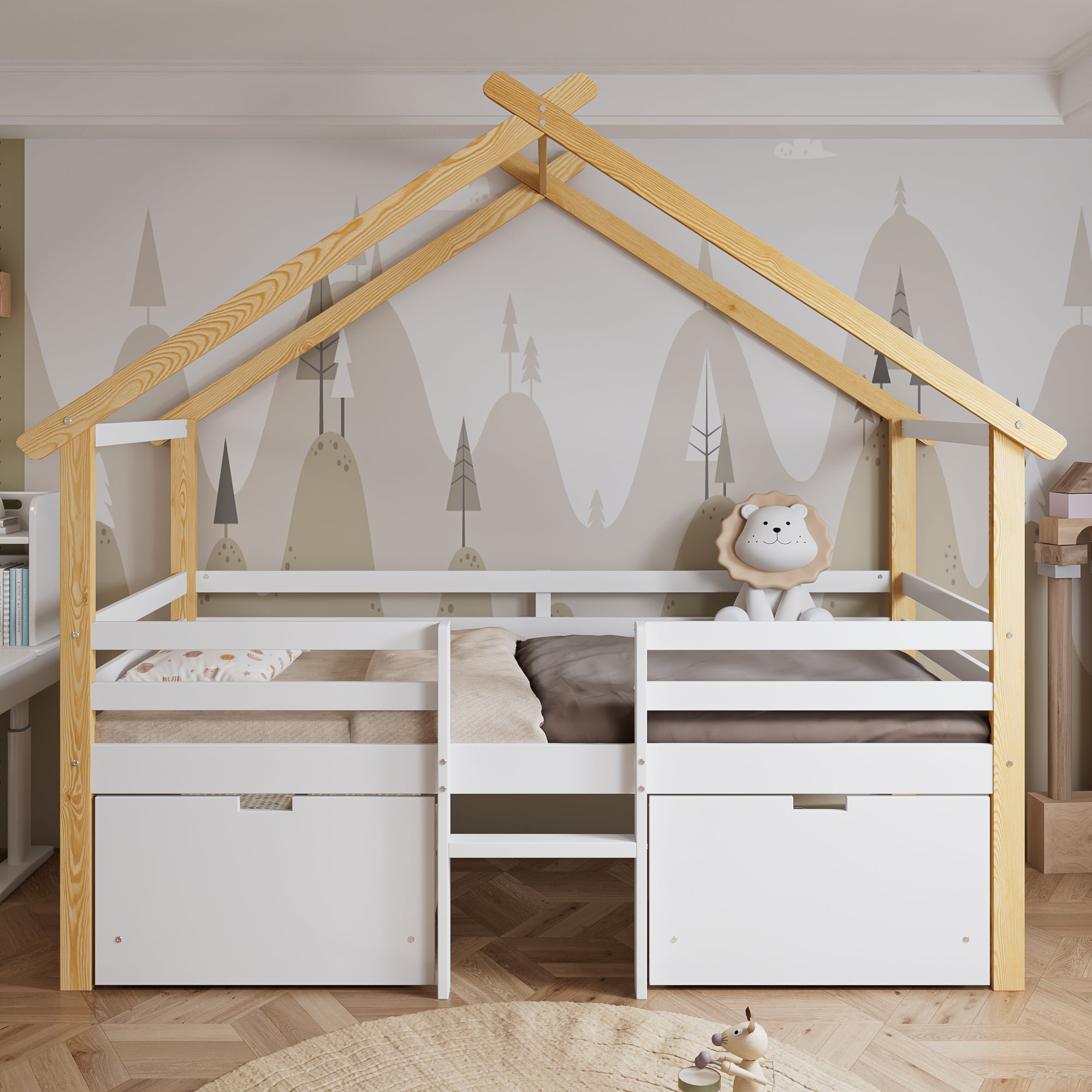 Wooden Children's Bed 3ft Single 90x190cm with Safety Guardrail, Storage Drawers, Imitation Roof Shape, White & Natural
