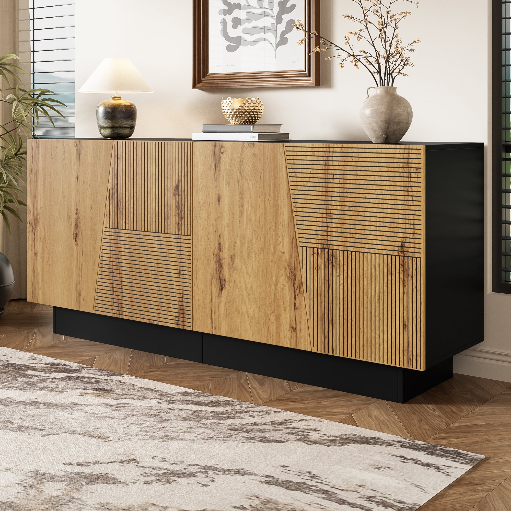 Sideboard 160cm Ample Storage Geometric Design Adjustable Shelf Black/Wood Particleboard