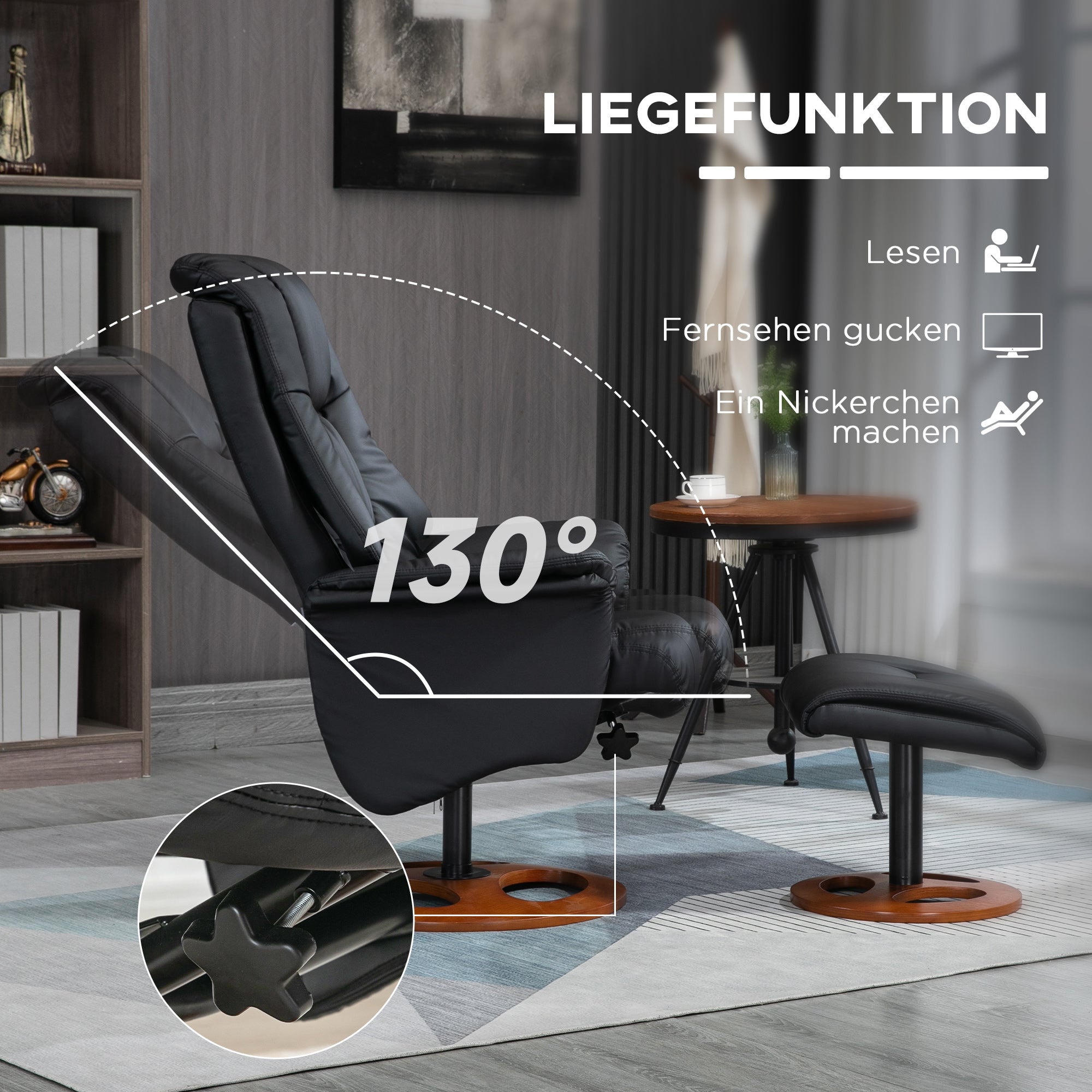 Reclining Armchair with Footstool, Electric 130° Reclining TV Function, Black Faux Leather