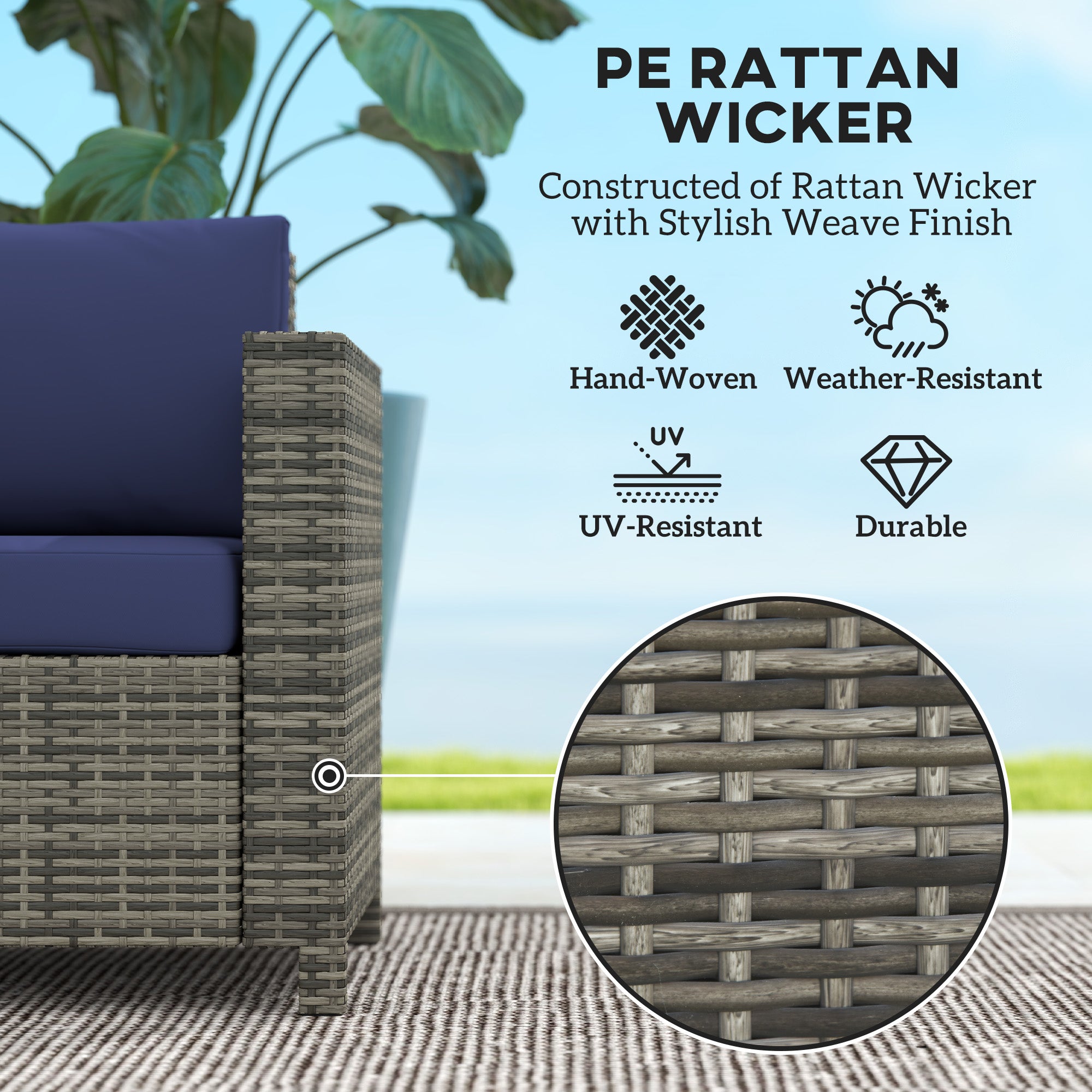 Rattan Sofa, 2 Seater Garden Loveseat with Soft Padded Cushion, Navy Blue