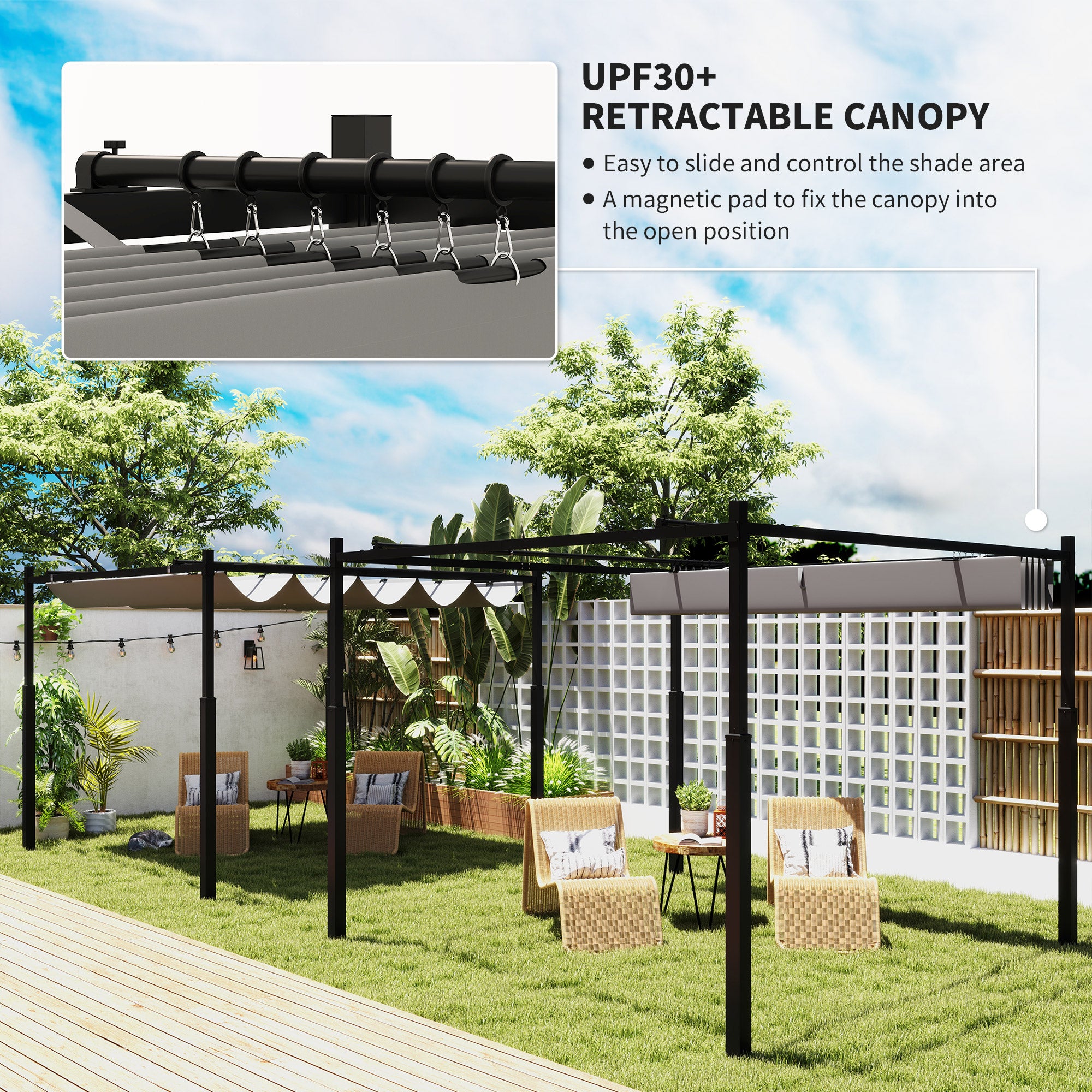 Metal Pergola with Retractable Roof, Magnetic Fixture, Sun Shade Canopy, Grey
