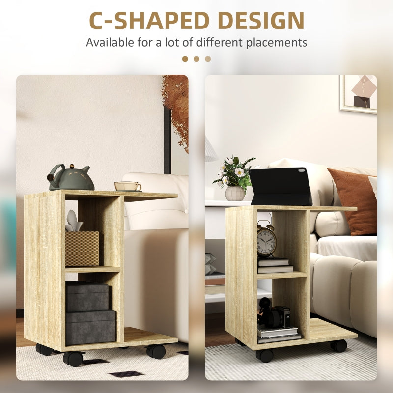 C-Shape End Table 2 Shelves 4 Wheels Storage Unit Natural