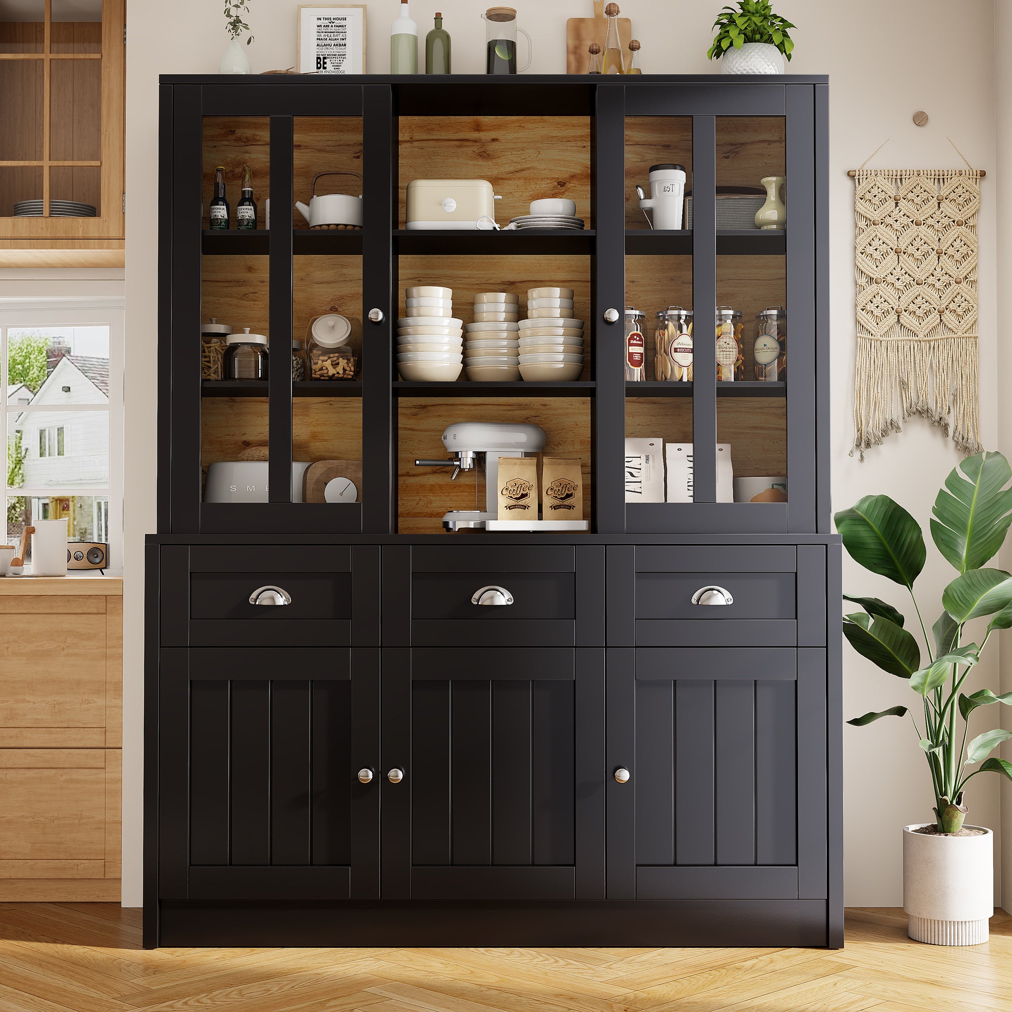 Minimalist Tall Display Cabinet with Drawers and Storage, Black