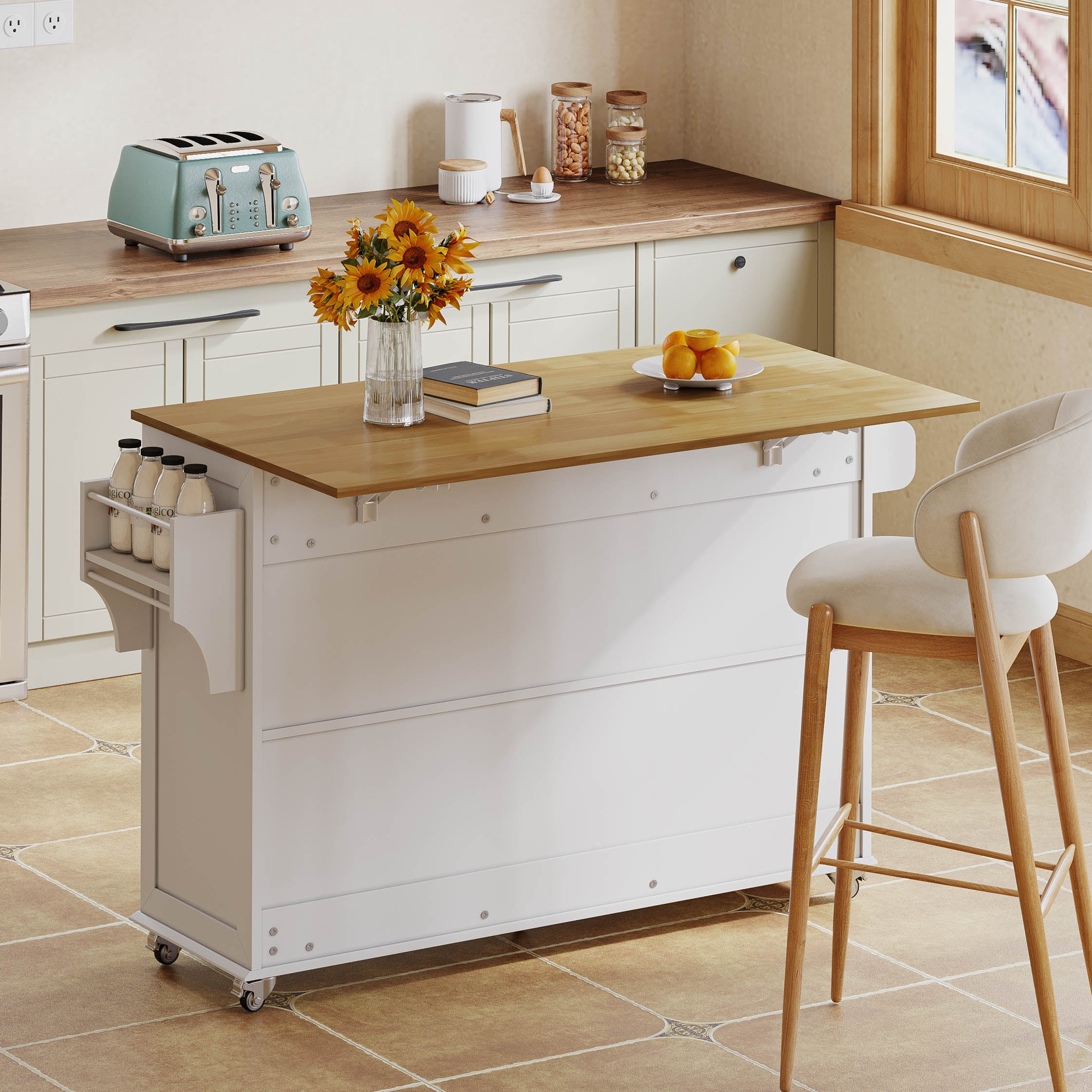 Kitchen Island Fold-Down Worktop 4 Doors 3 Drawers Barn Style with Casters - White