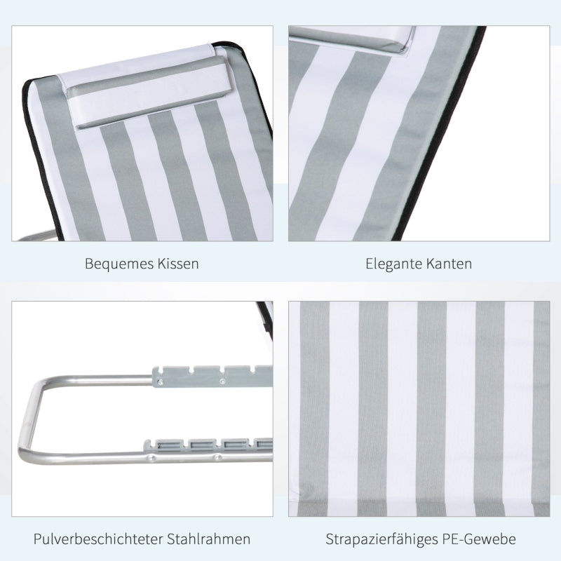 Folding Sun Lounger Adjustable Backrest Headrest Carrying Bag - Light Grey