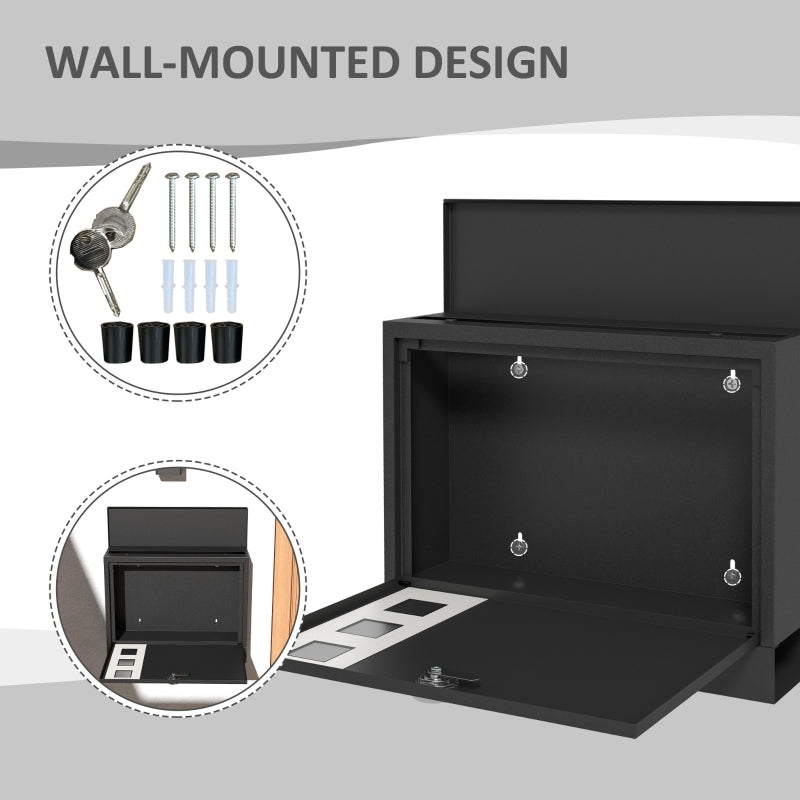 Wall Mounted Letterbox, Weatherproof Modern with 2 Keys Black Steel