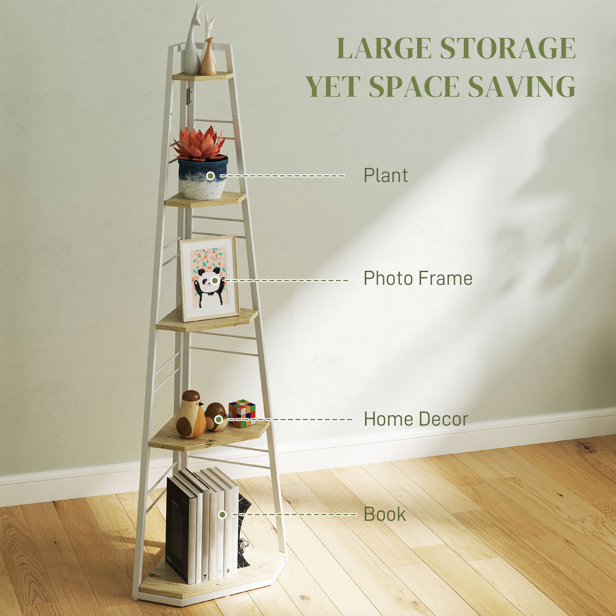 Five-Tier Corner Shelf Storage Unit, White/Wood-Effect