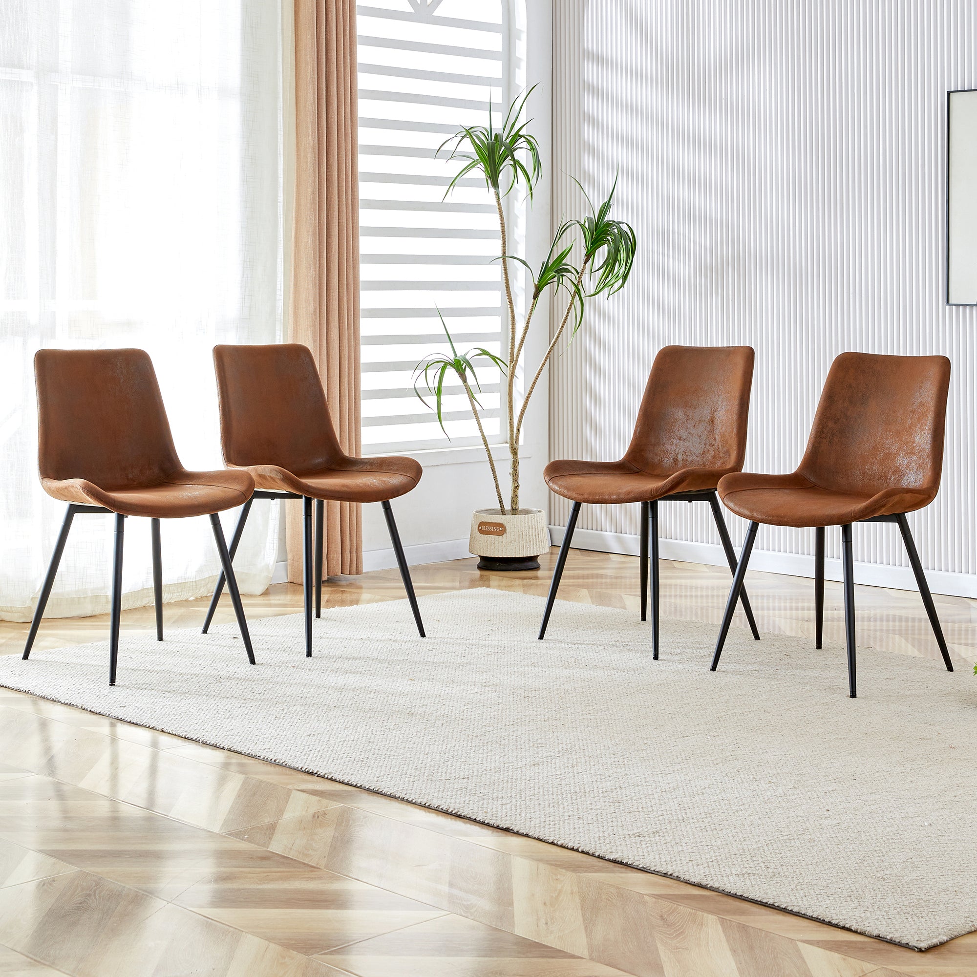Dining Chairs, Set of 4 Modern Design with Non-Slip Metal Feet, Brown Tech-Fabric