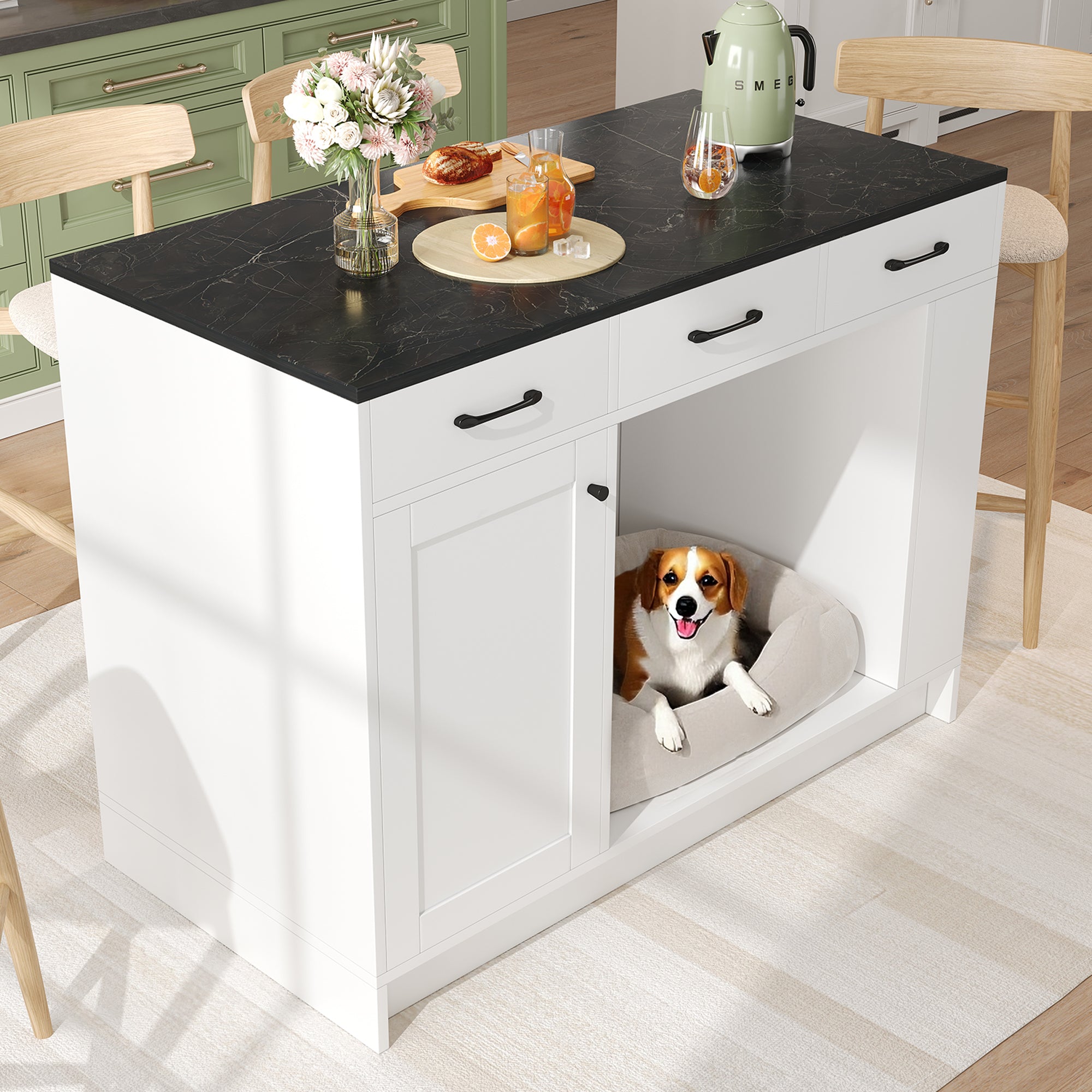 Kitchen Island with 3 Drawers Spice Rack Adjustable Shelf Pet Storage 120x60x90cm - White