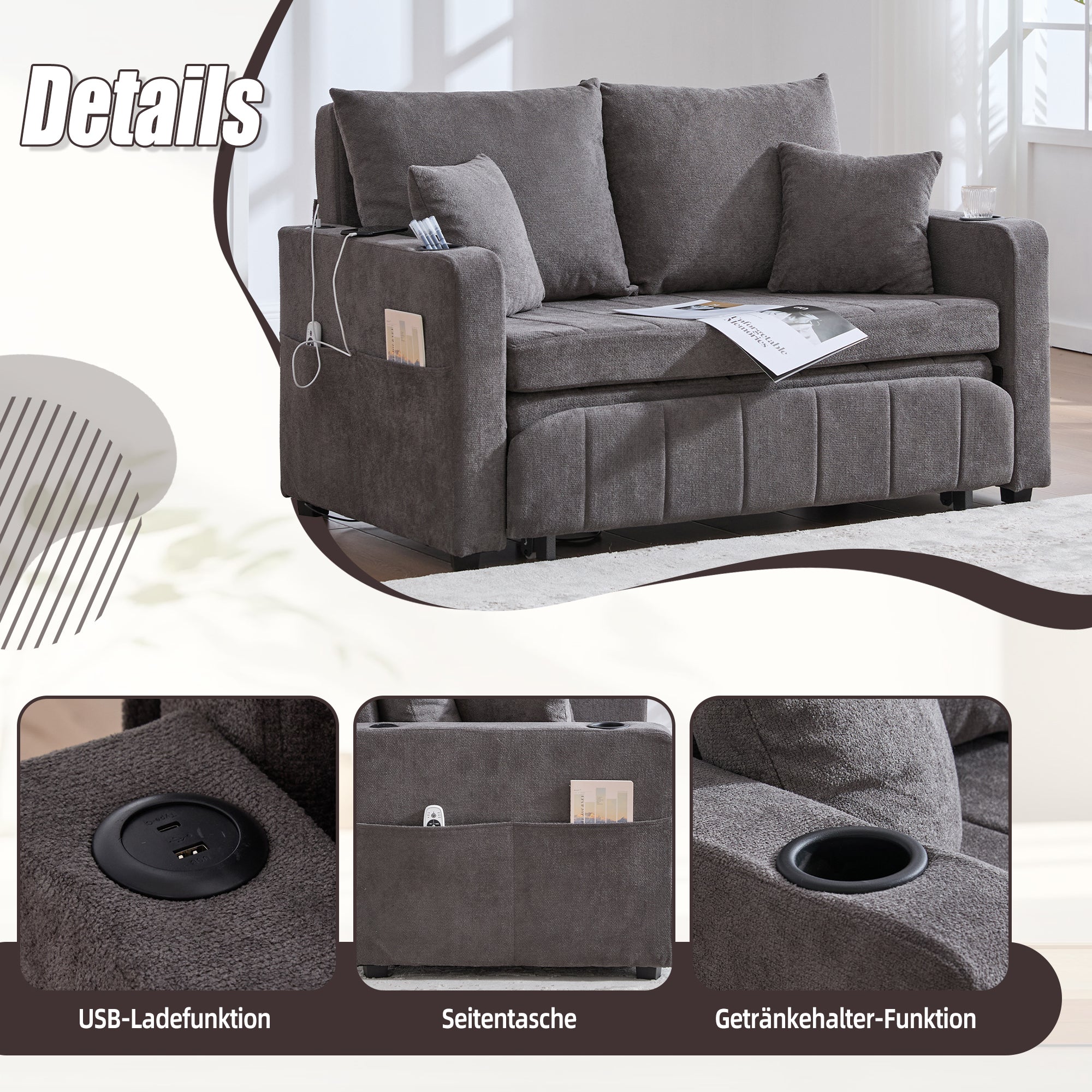 Chair, Multifunctional Folding Pull-Out Sofa with Storage, USB Charging, Cup Holder, Fabric