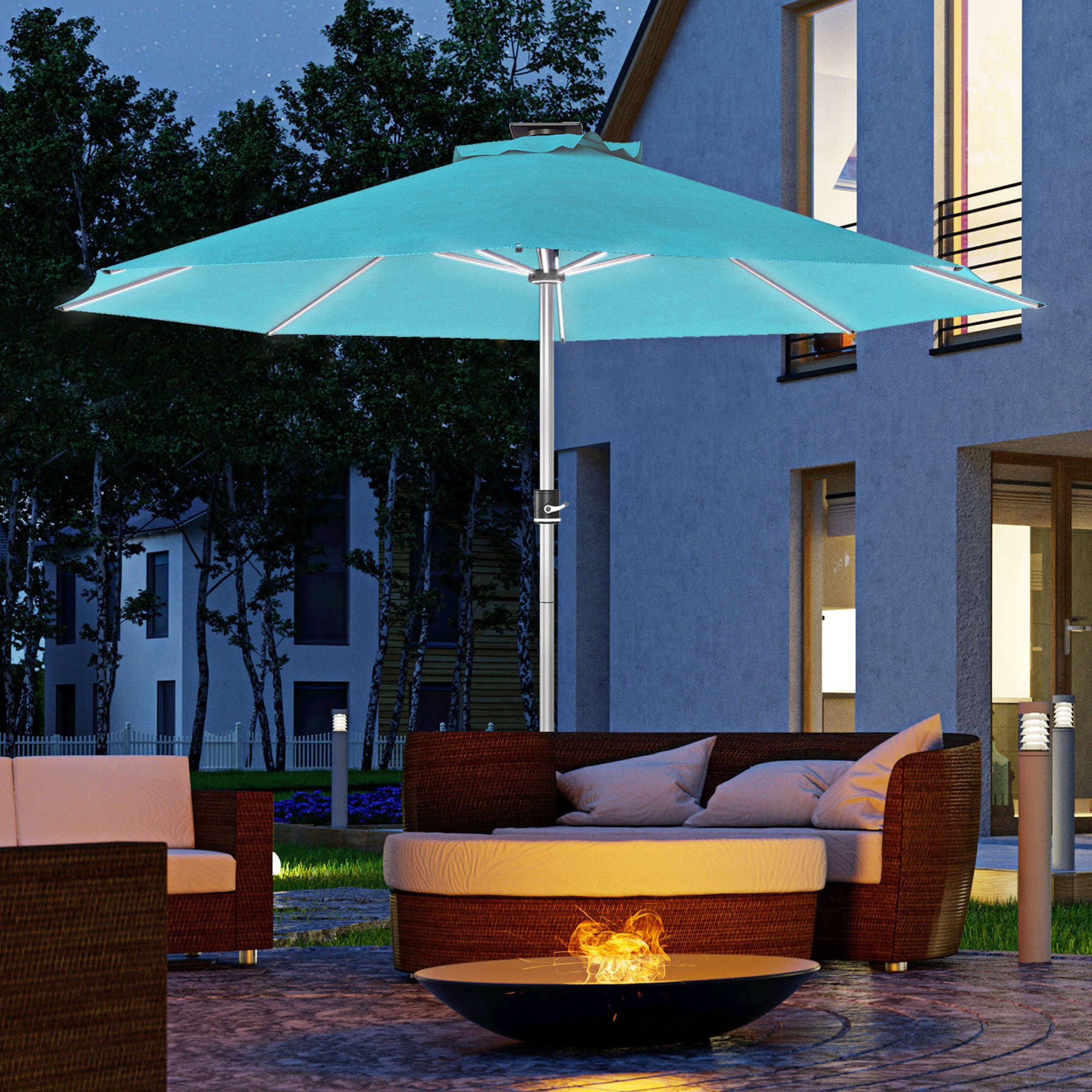 3m Parasol, Solar-Powered LED Lights, Blue