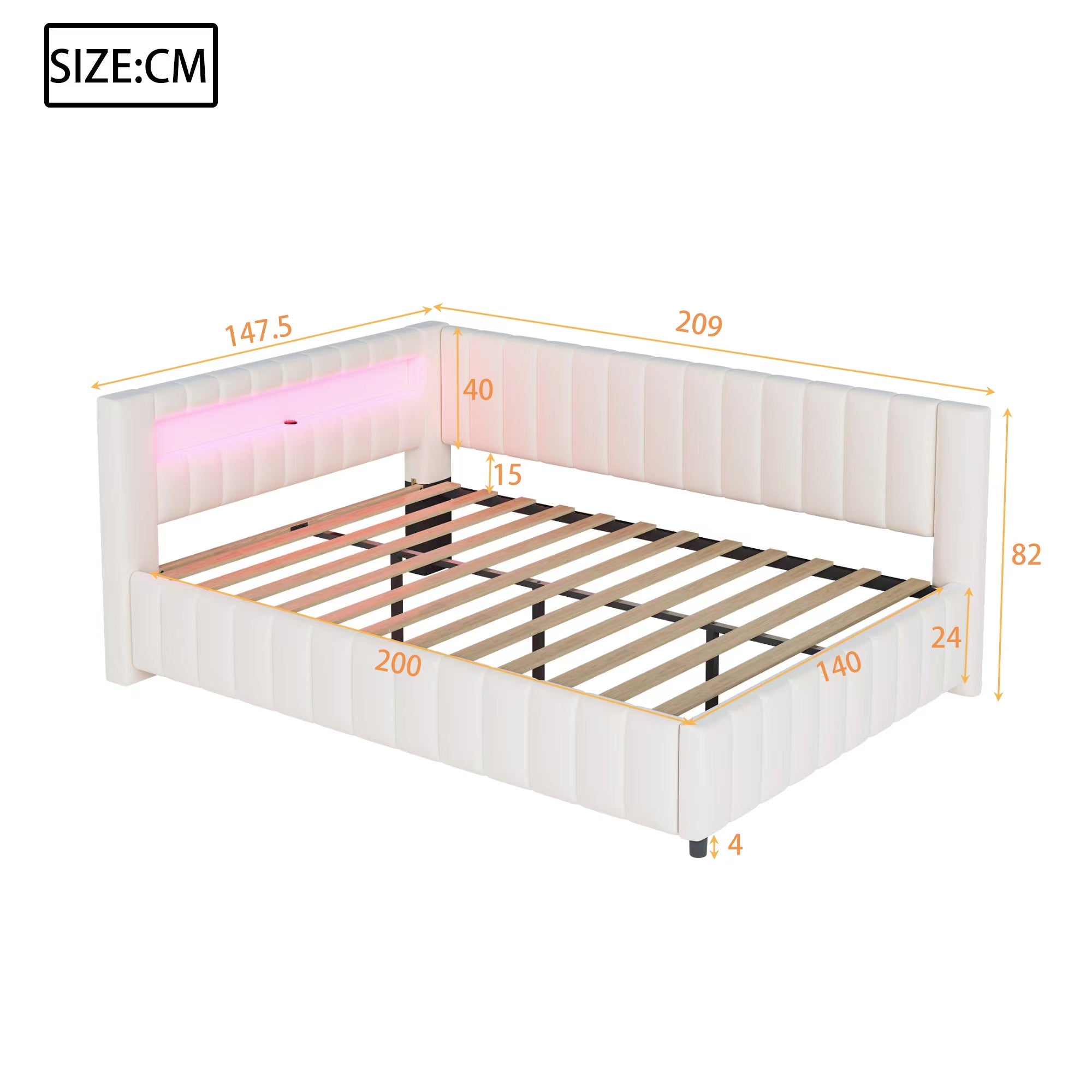 Upholstered Sofa Bed 140x200 with LED & USB Charging Port, Velvet Beige