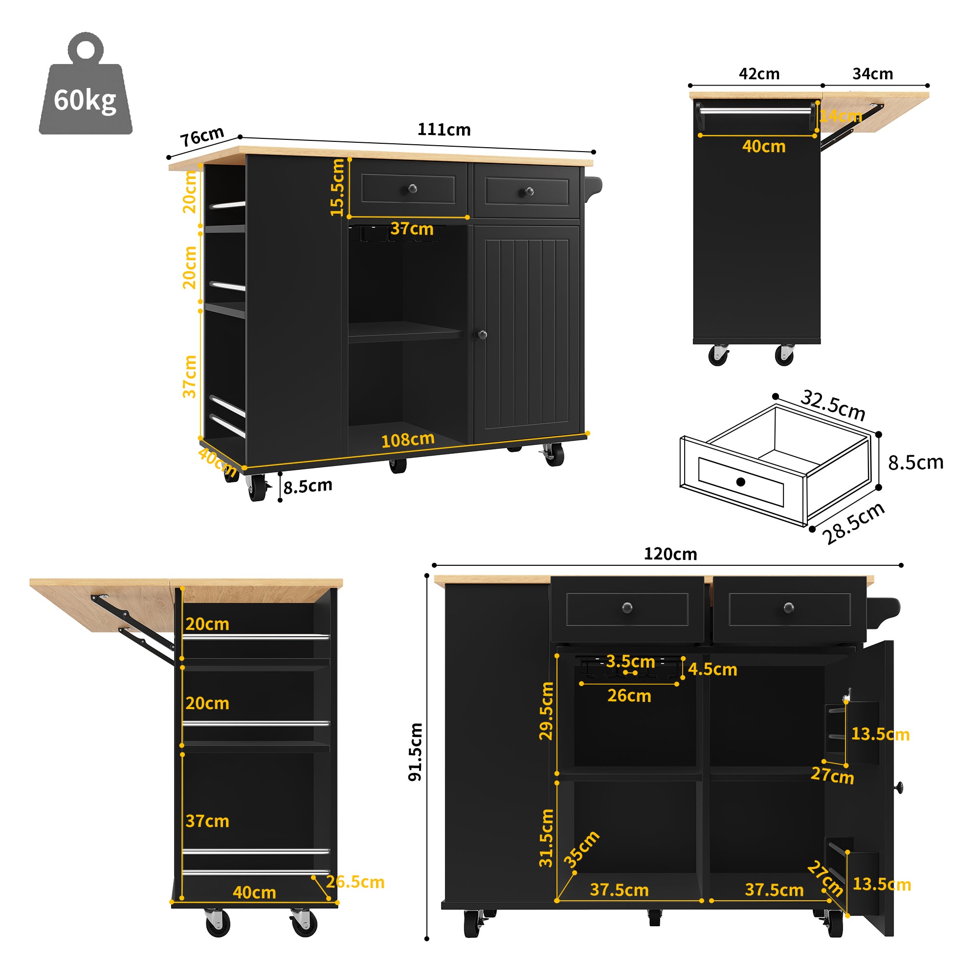 Kitchen Island Mobile Removable Partitions Wine Rack - Black Wood Grain
