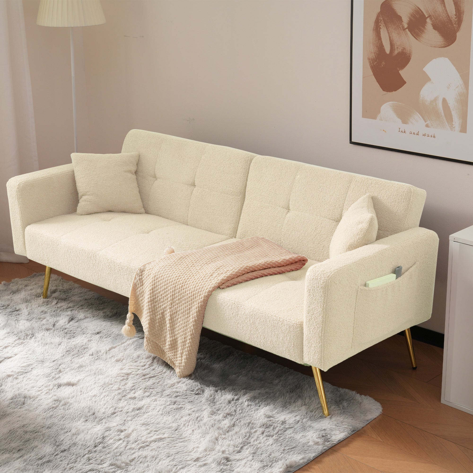 Sofa Bed with Adjustable Backrest, Bed Function, and Storage Pockets, Gold Legs