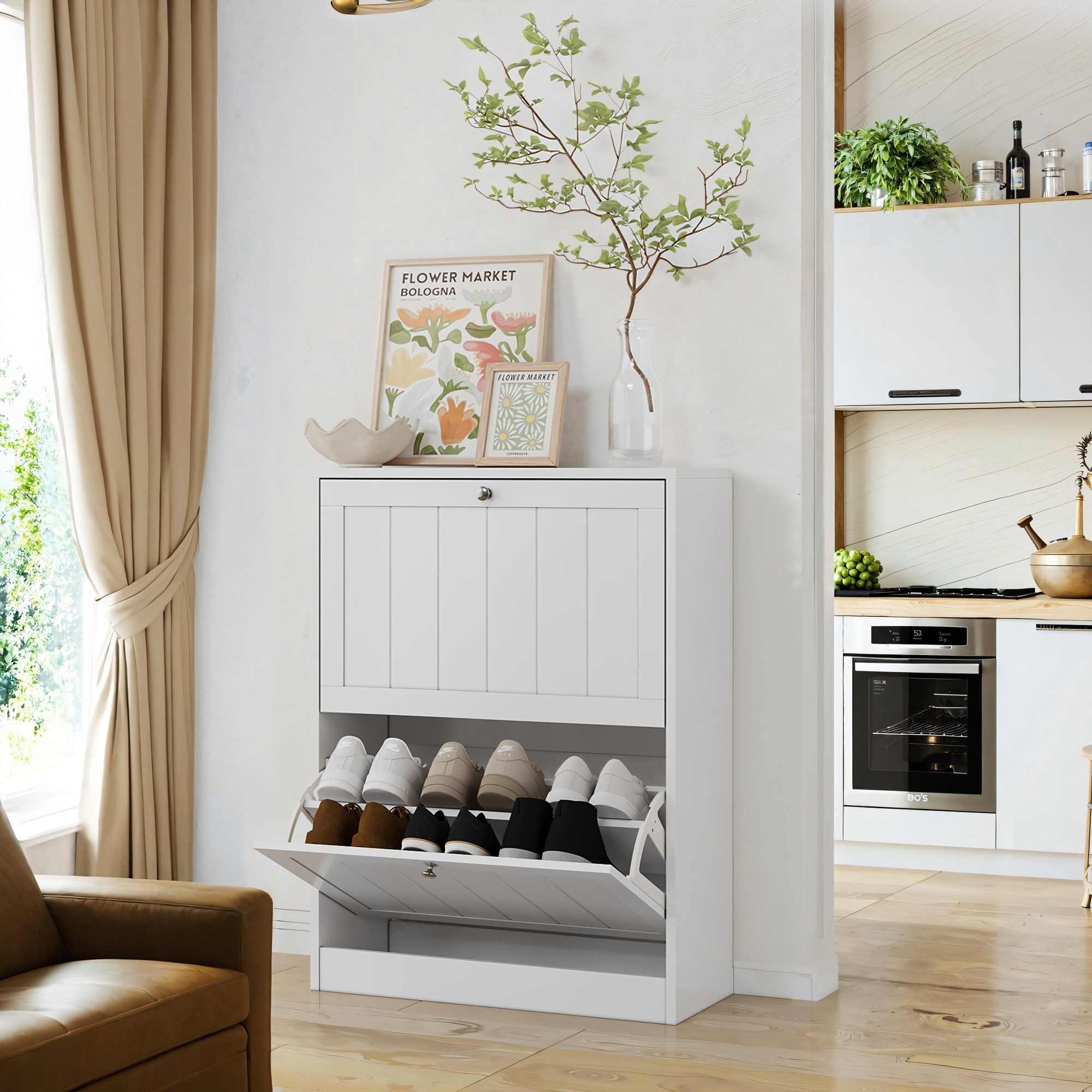 Shoe Cabinet, Freestanding Hidden 2 Drop-Down Drawers Mid-Century Modern White