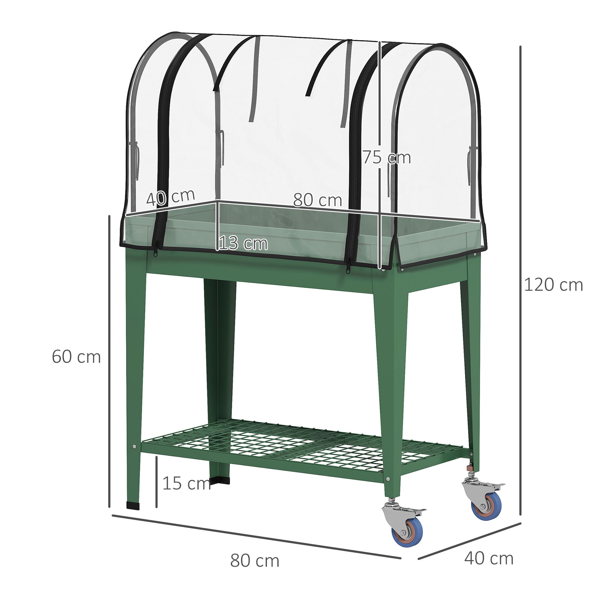 Raised Planter Elevated Garden Bed Greenhouse Cover Wheels Shelf, Green