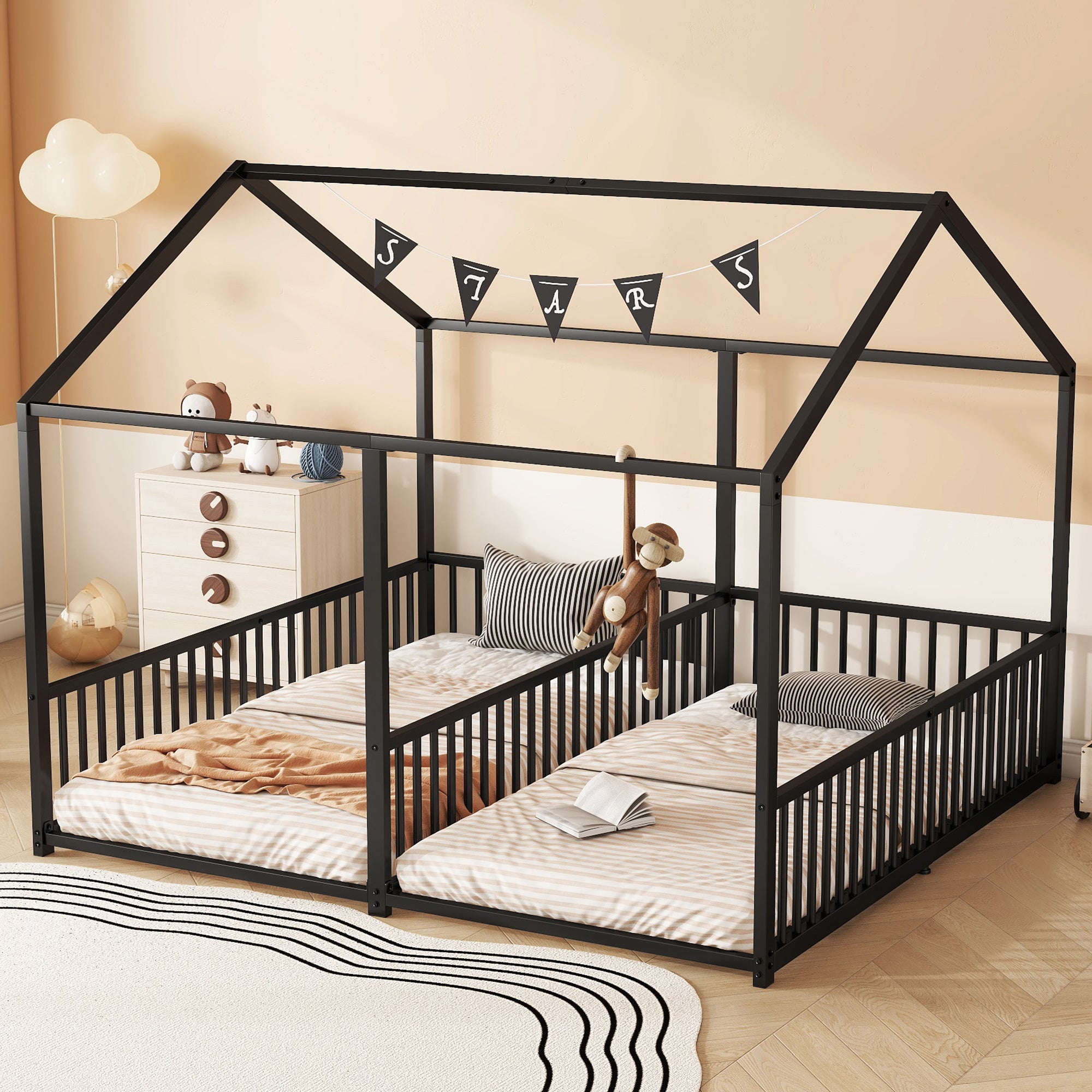 Metal Bed, Children's Bed 90x200cm House Design Double Bed, Black Iron Frame