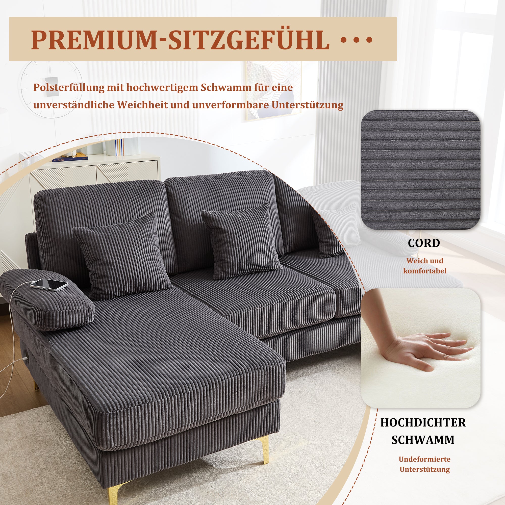 U-Shaped Sofa, LED Ambient Lighting & USB-C Port, Solid Wood Frame, Grey