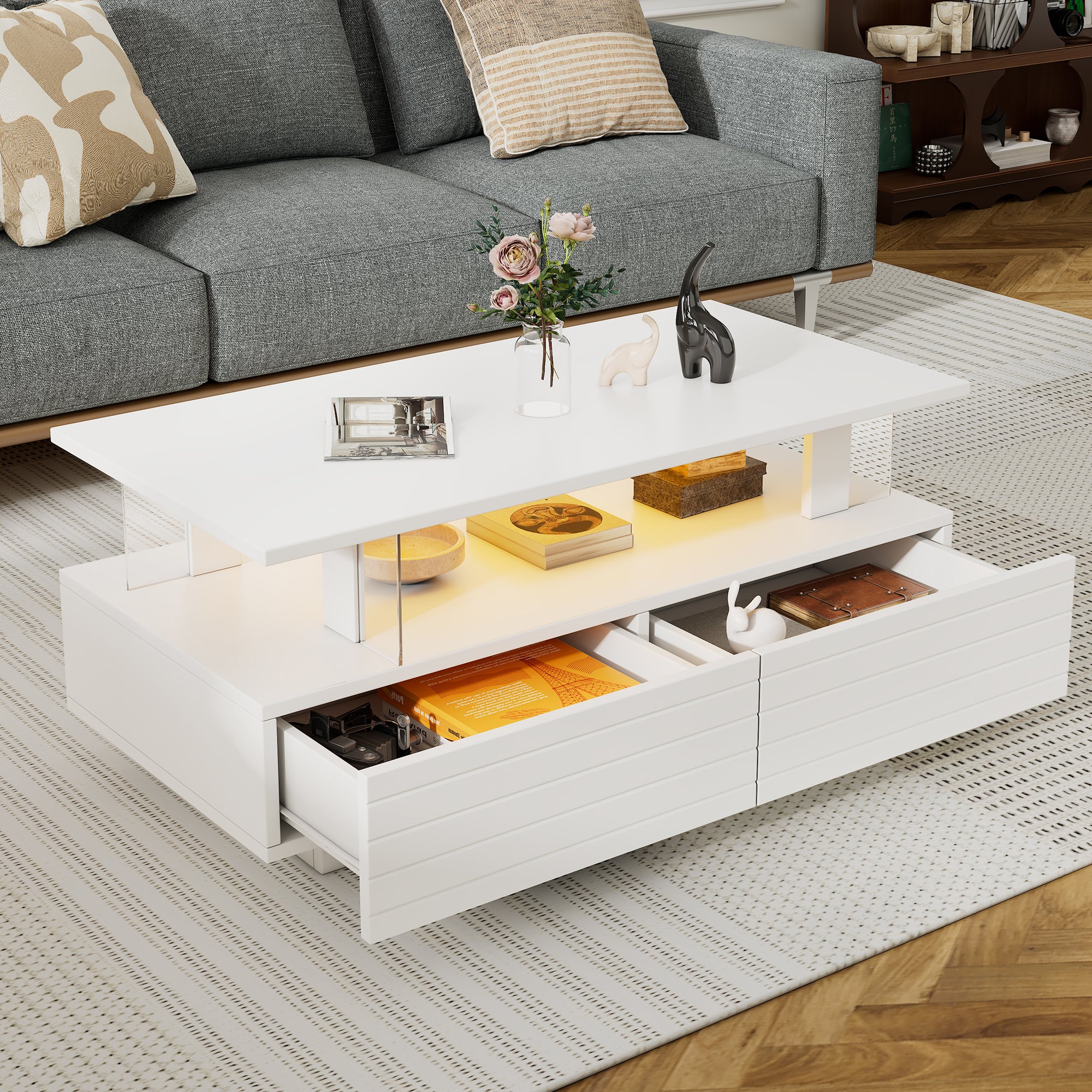 LED Coffee Table, Storage, Double-Layer Rectangular with Bluetooth App, White