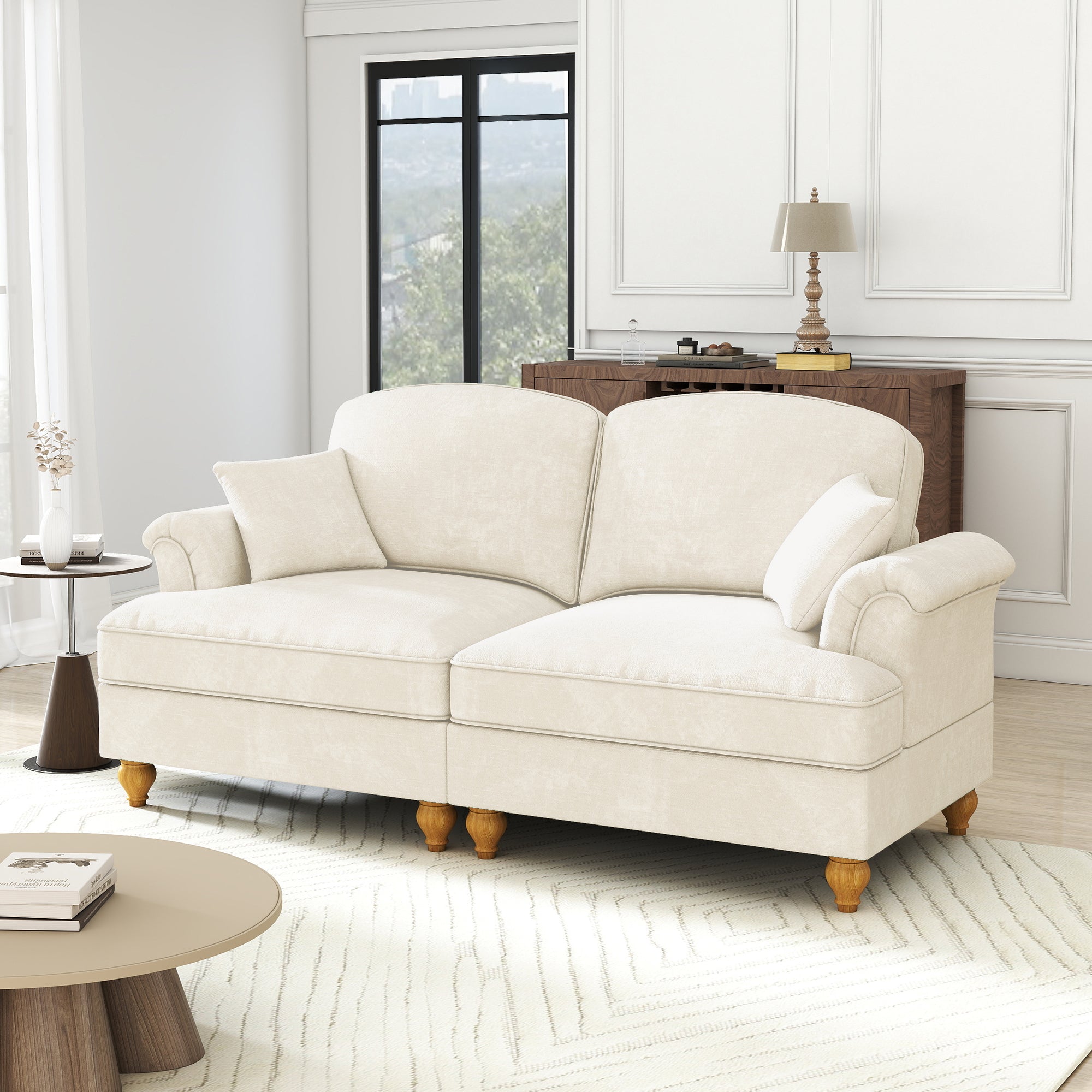 2-Seater Sofa, Medieval-Modern Flared Armrests Removable Valance, White Chenille