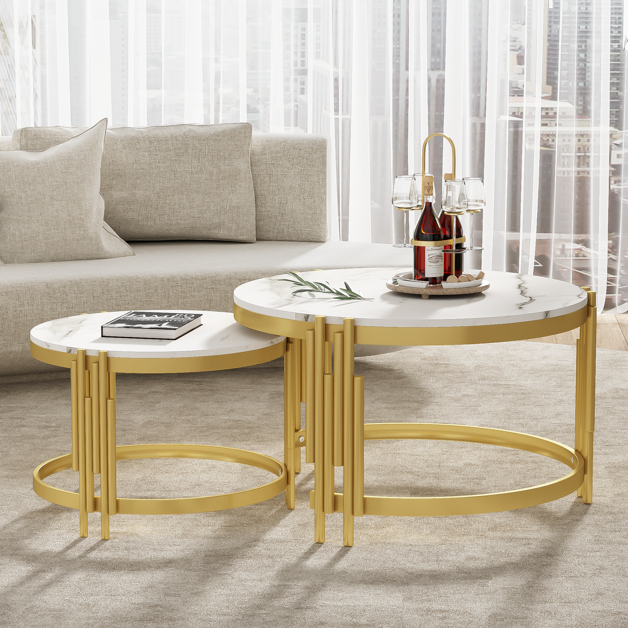 Modular Coffee Table Set, Round Golden Metal Frame, Marble Look