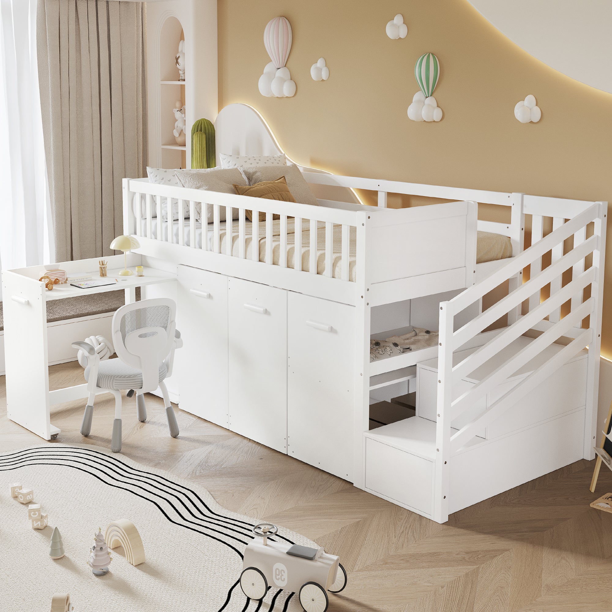 Bunk Bed, Multifunctional Children's with Desk, Wardrobe, Lockers, Pine + MDF White