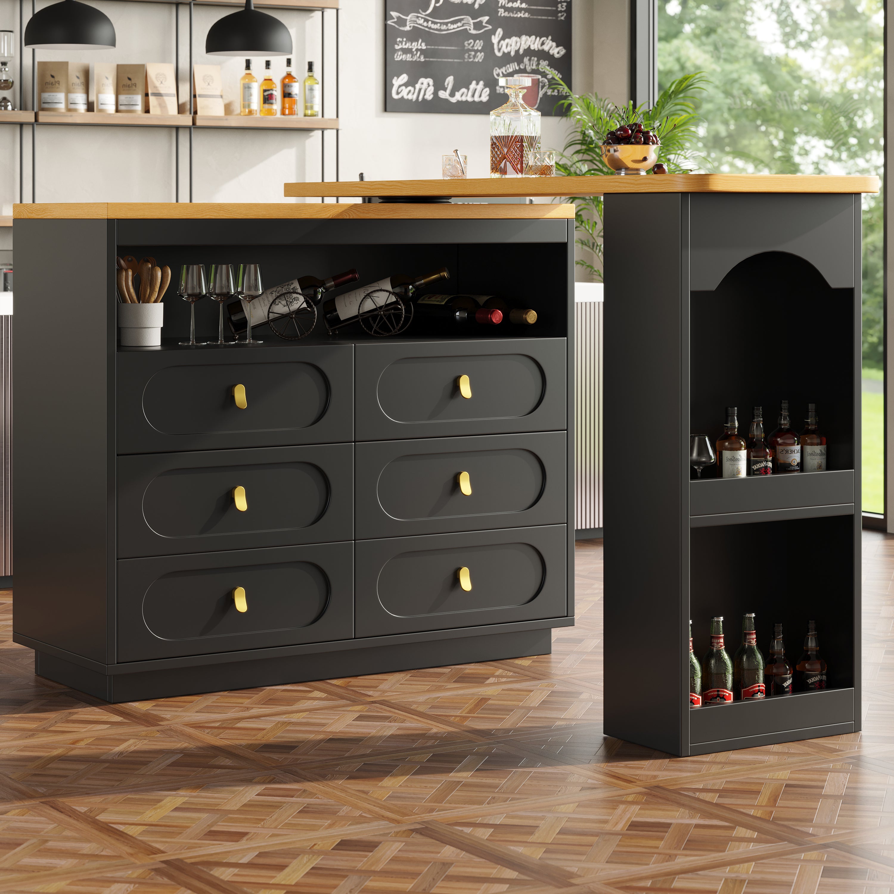 Bar Table Extendable 360° Swivel Mobile Storage Drawers - Black