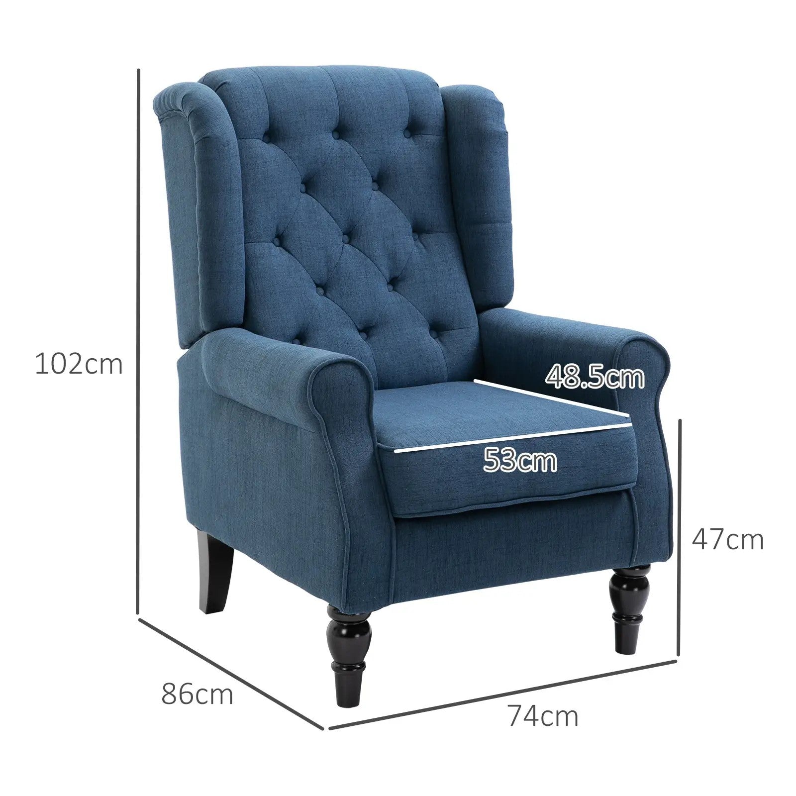 Tufted Wingback Chair High Backrest Rounded Armrests Wooden Legs Blue