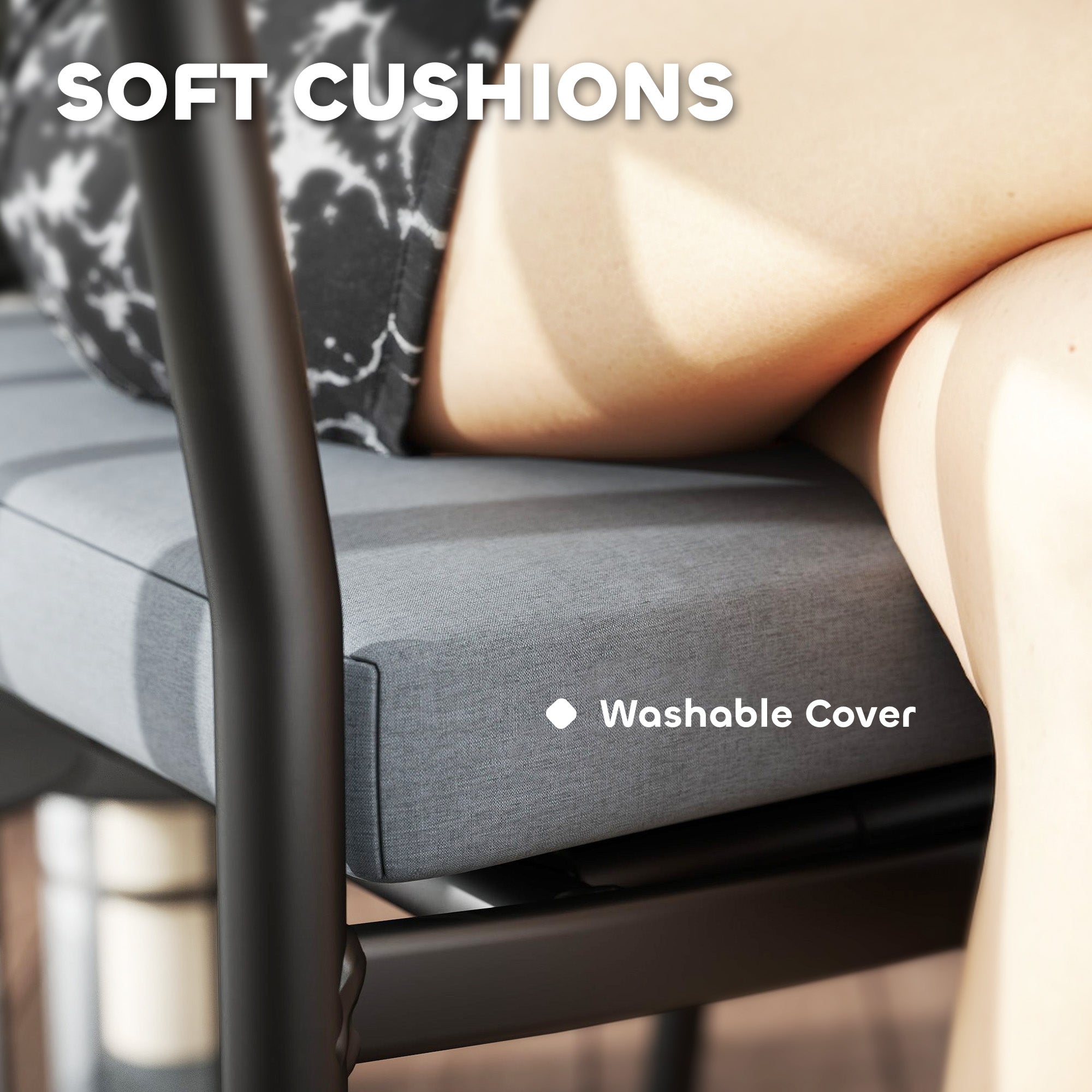 3 Pieces Bistro Set with Cushions and Glass Top Table, Wicker Rattan, Grey