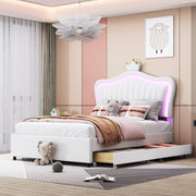 Children's Bed Upholstered Single Crown Girl's with Storage Drawers & LED Lights, White PU Leather