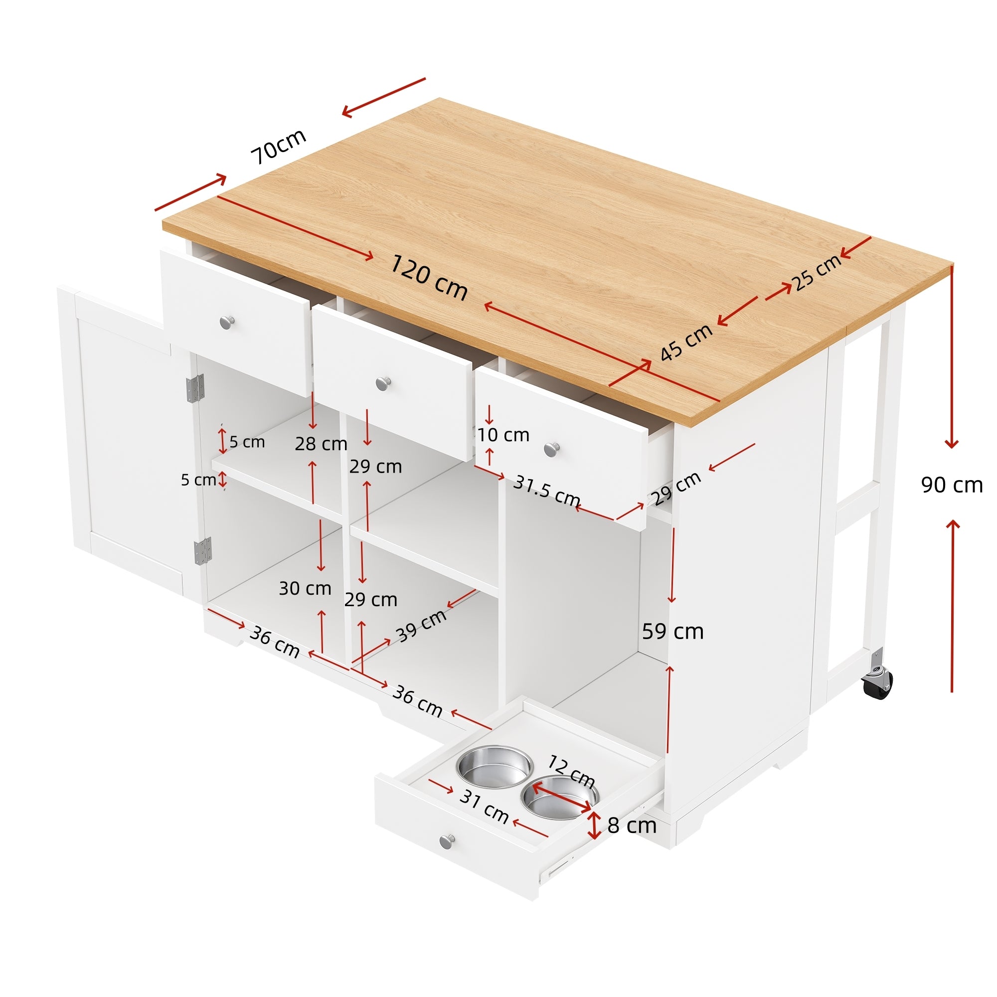 Kitchen Trolley, Mobile Serving Island Drawer Pet Food Area, White