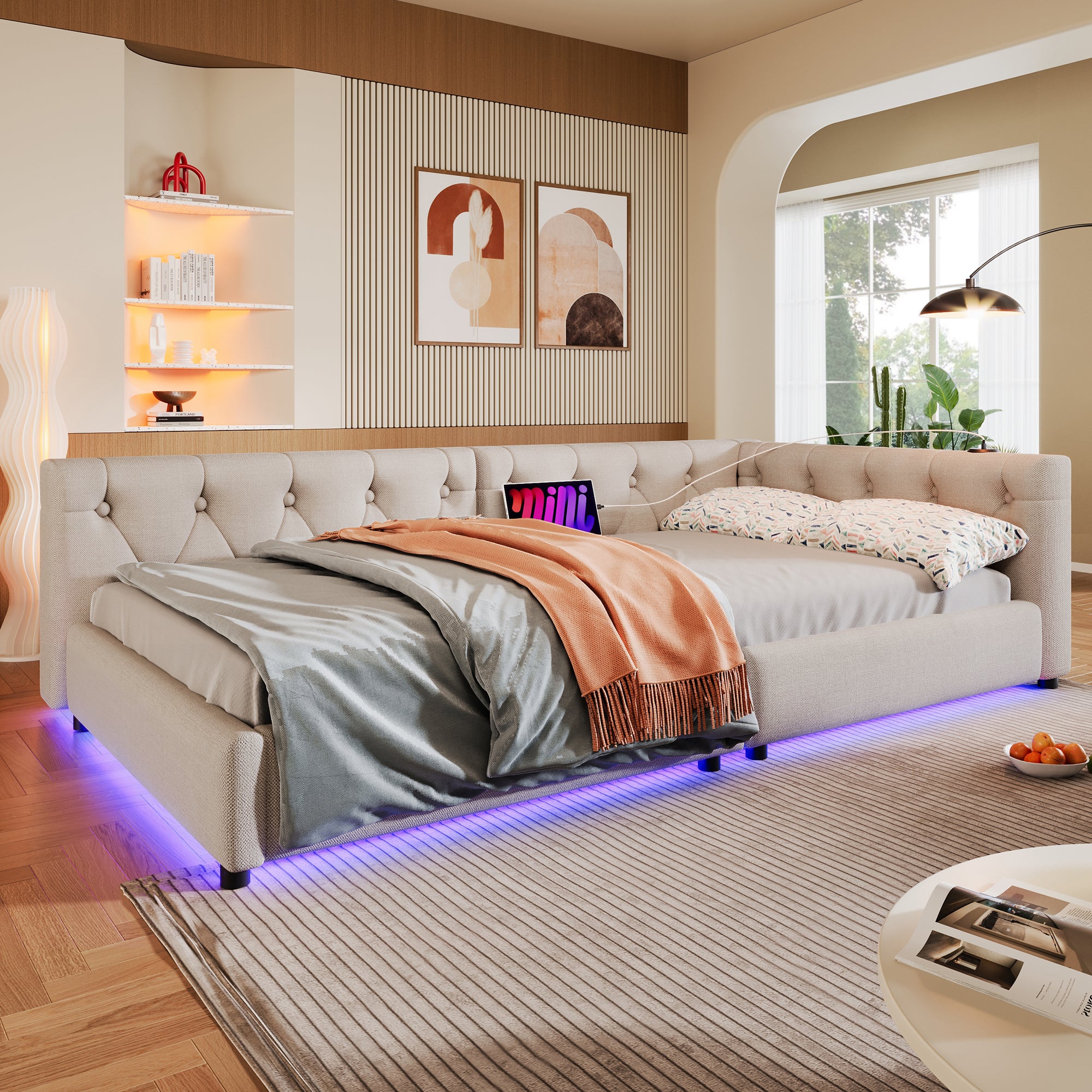 Daybed Sofa Bed 90x200cm LED Light USB/Type-C Button Tufting - Linen Beige