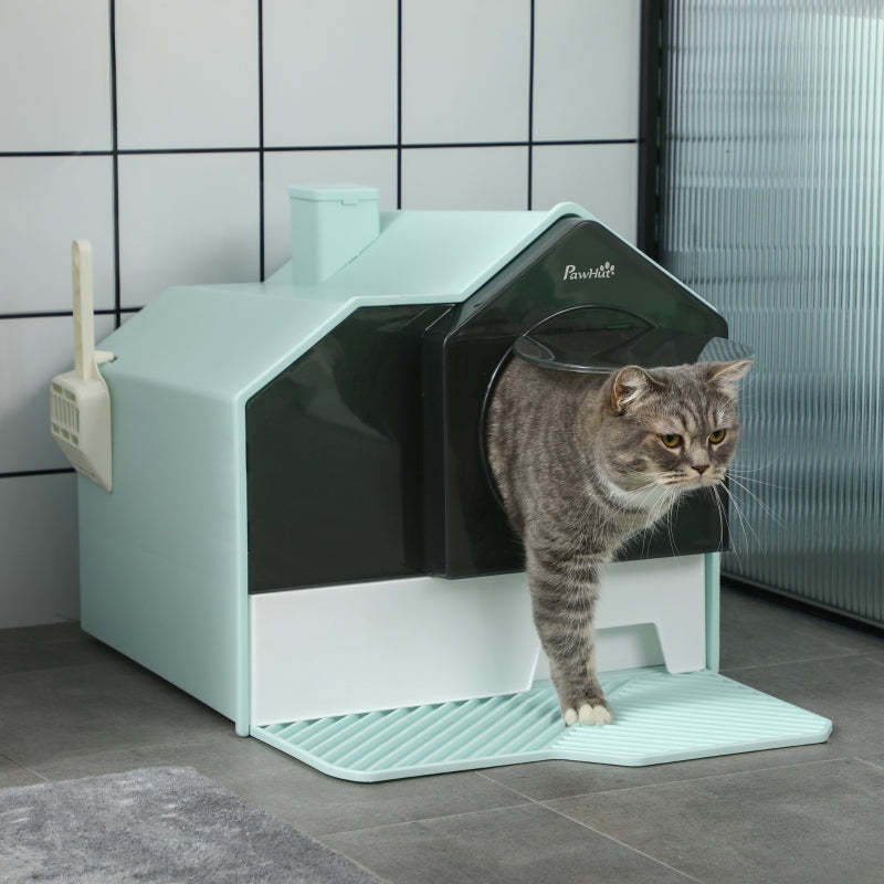 Cat Litter Box, Hut Design with Sifter Mat & Scoop, Green