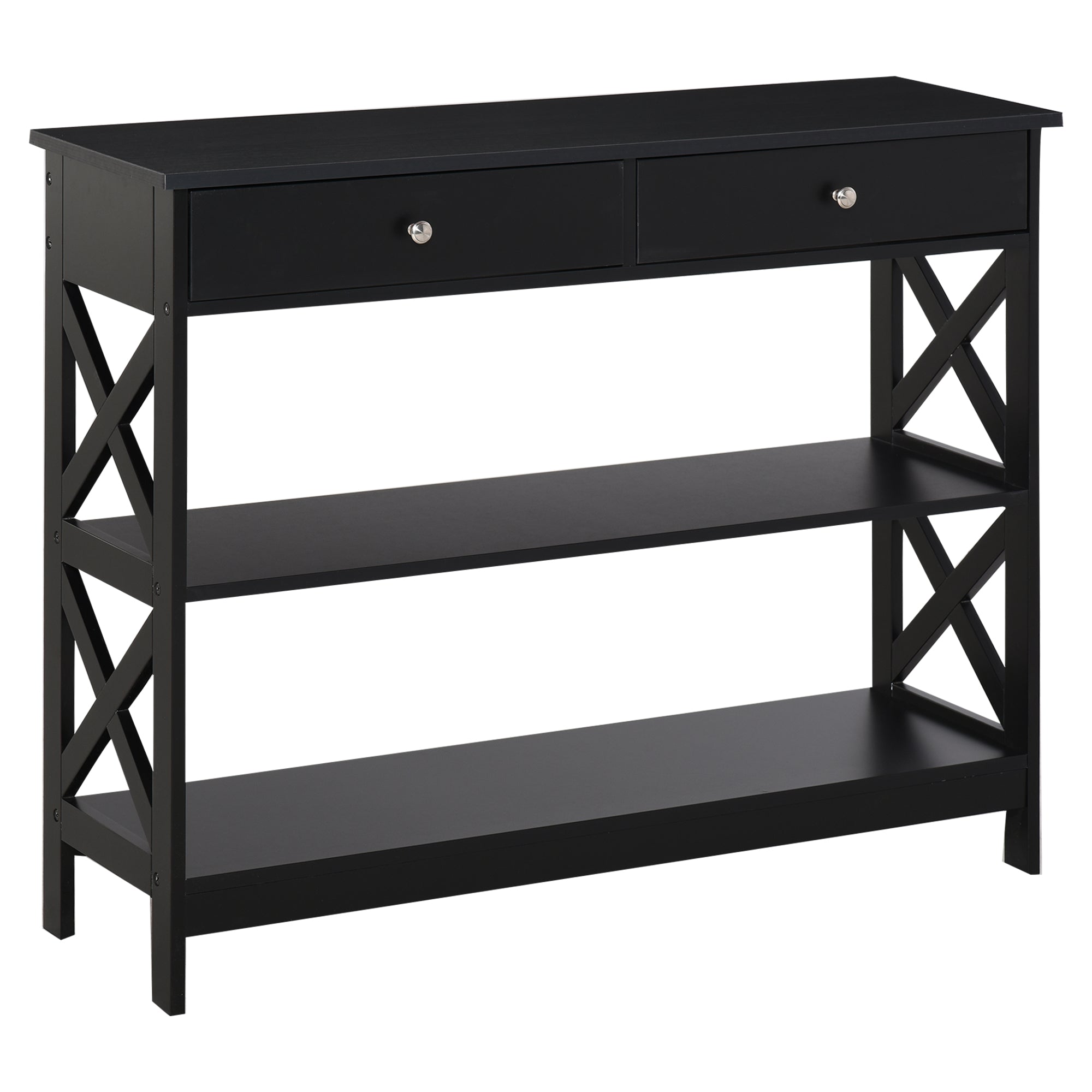 Console Table with Shelves, Drawers, and X Support Frame, Black