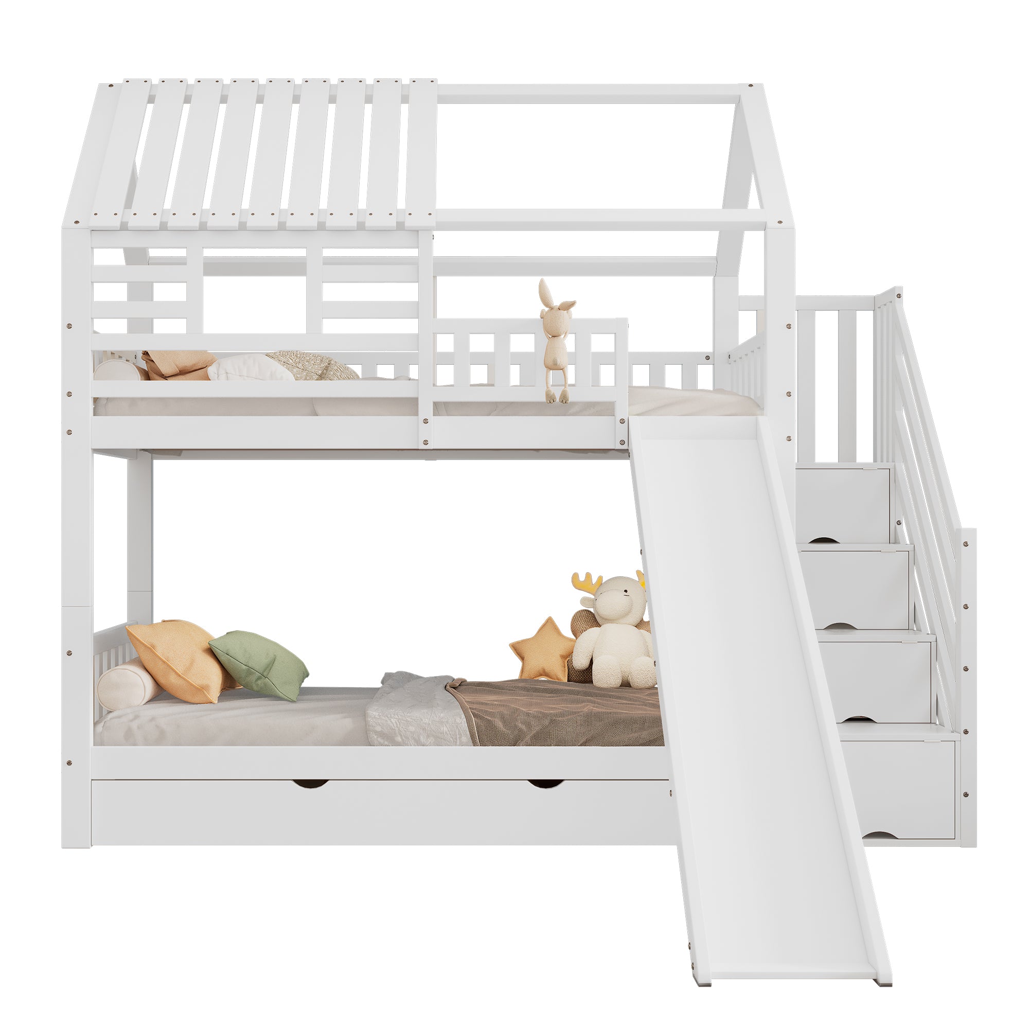 Bunk Bed, House Bed with Stairs, Slide, Storage, Safety Gate & Drawer, Pine/MDF, White