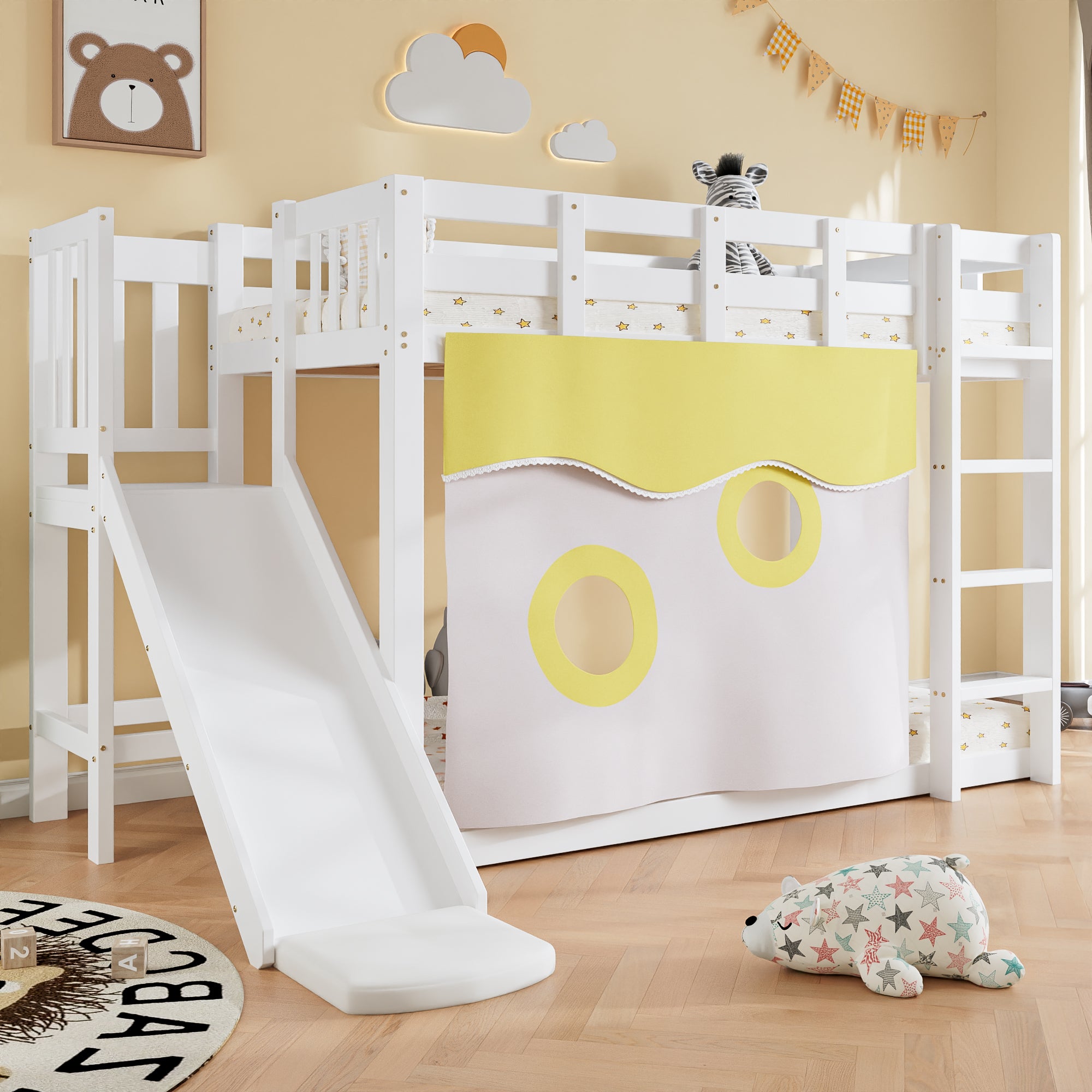 Bunk Bed with Stairs, Slide, Curtain, and Fall Protection, MDF+Pine, White
