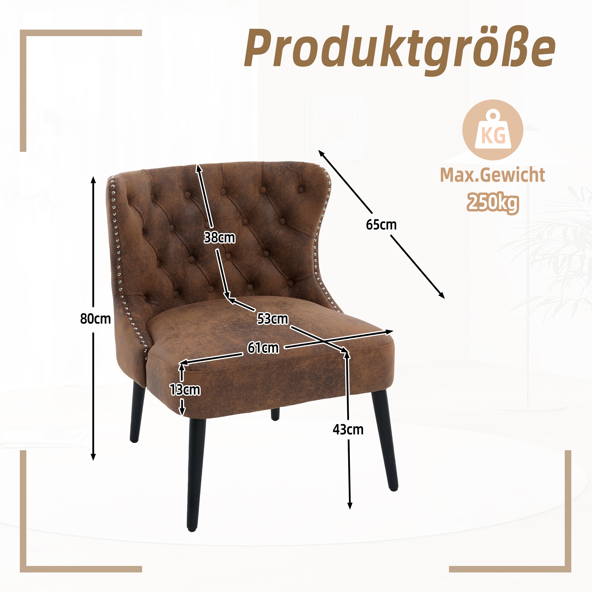 Single Sofa Chair Button Tuft Armless Rivet Trim Solid Wood Legs, Tech Fabric