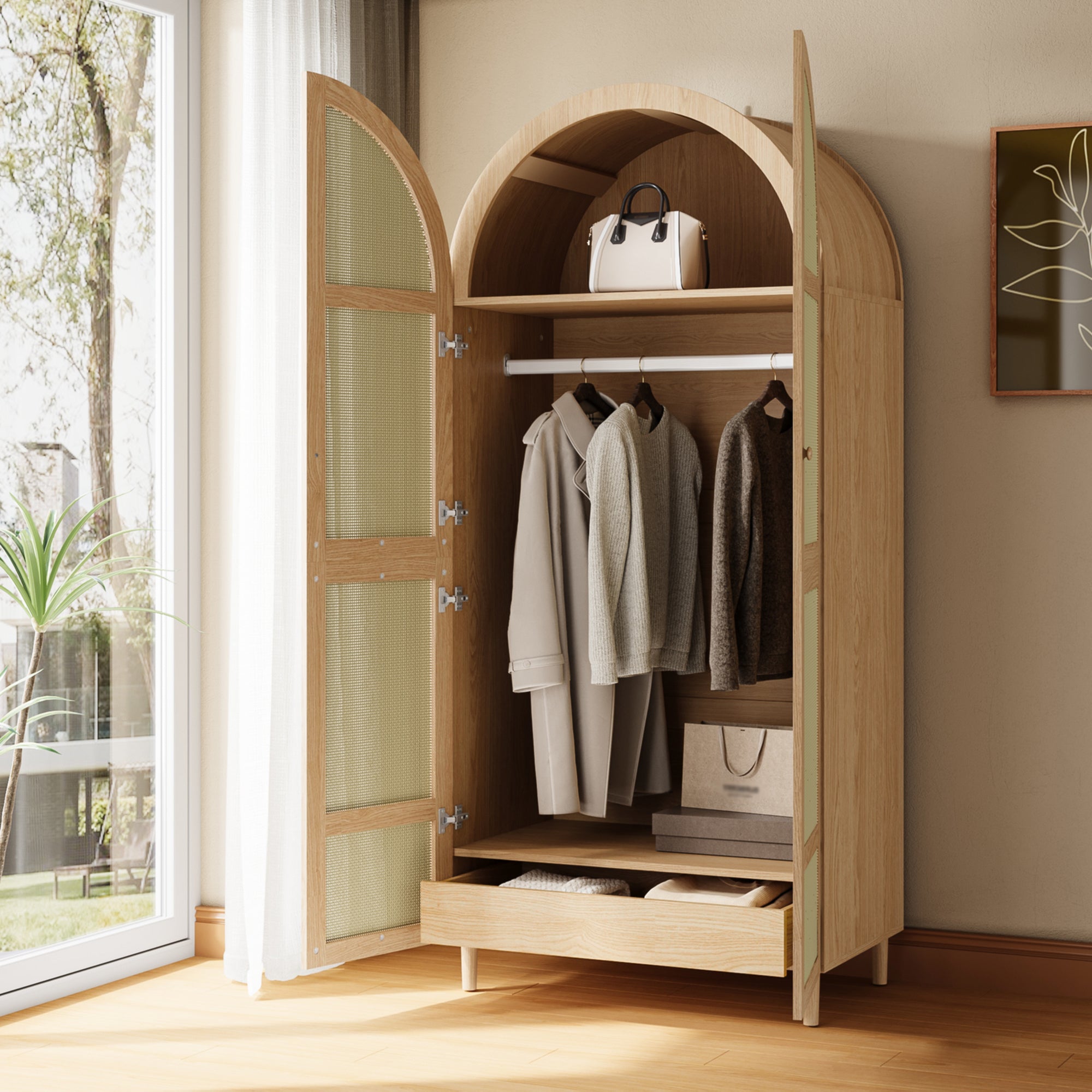 Modern Wardrobe with Curved Doors, Clothes Rail & Drawers, Natural Wood